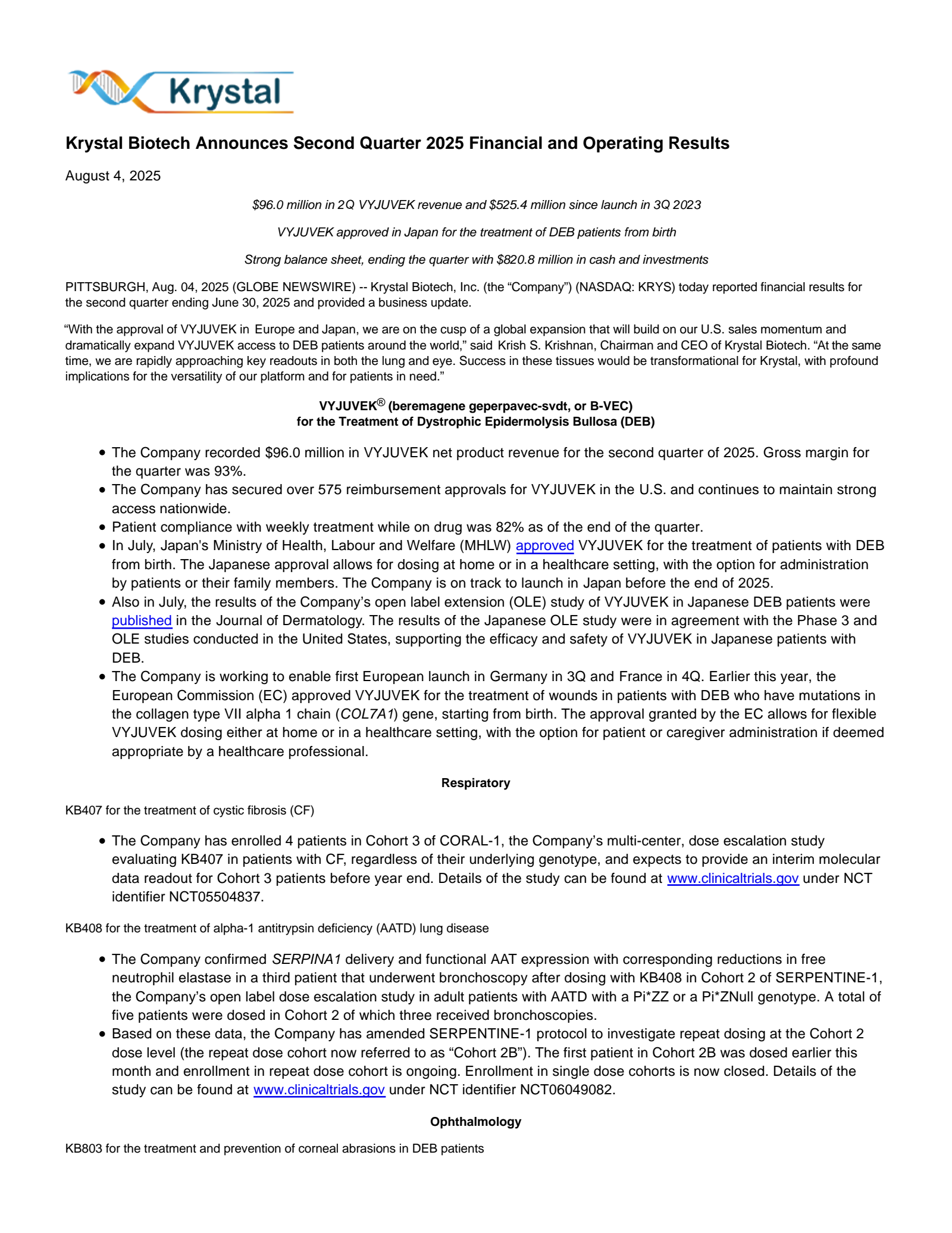 Krystal Biotech's Q2 2025 Press Release