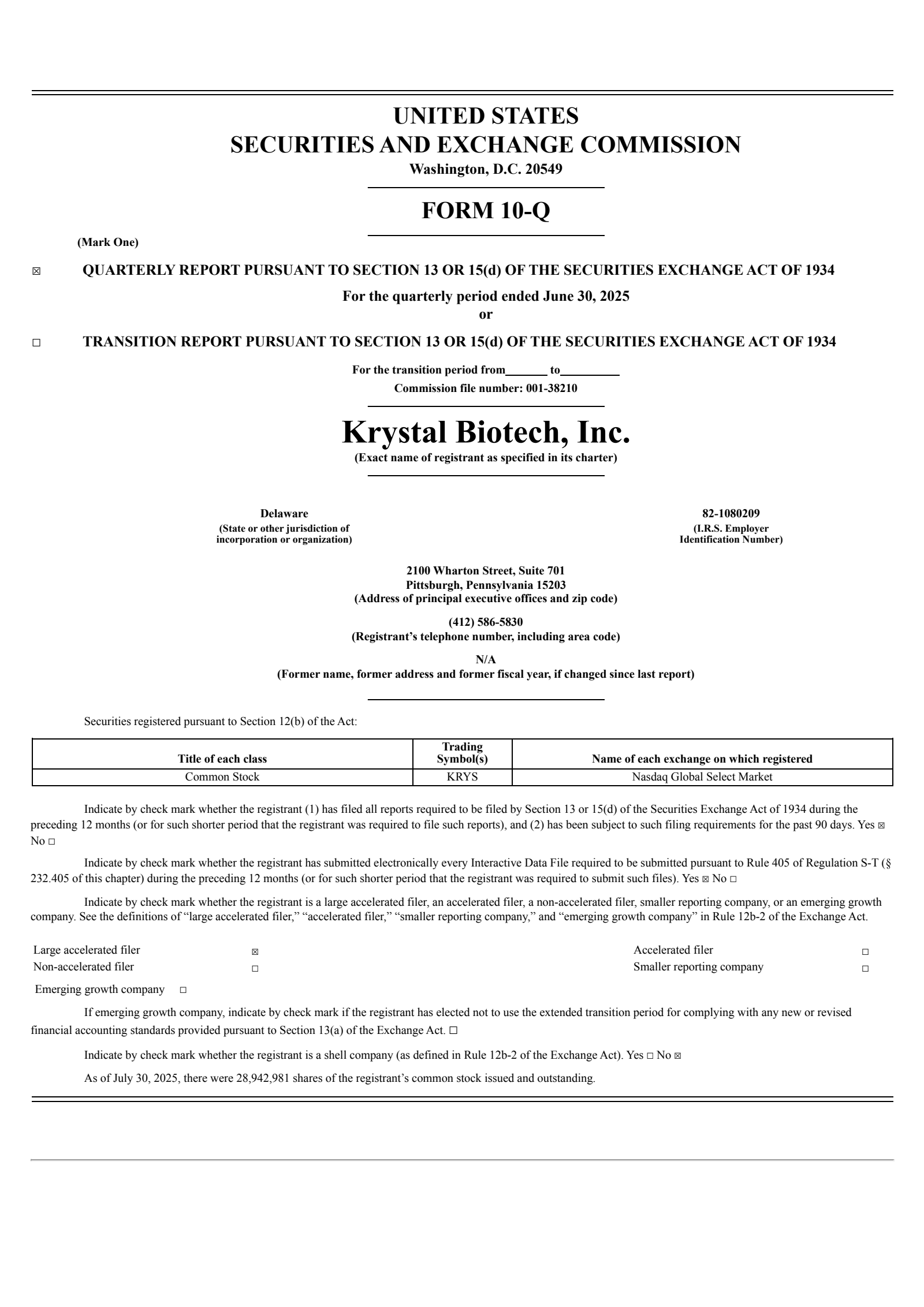 Krystal Biotech's Q2 2025 Quarterly report