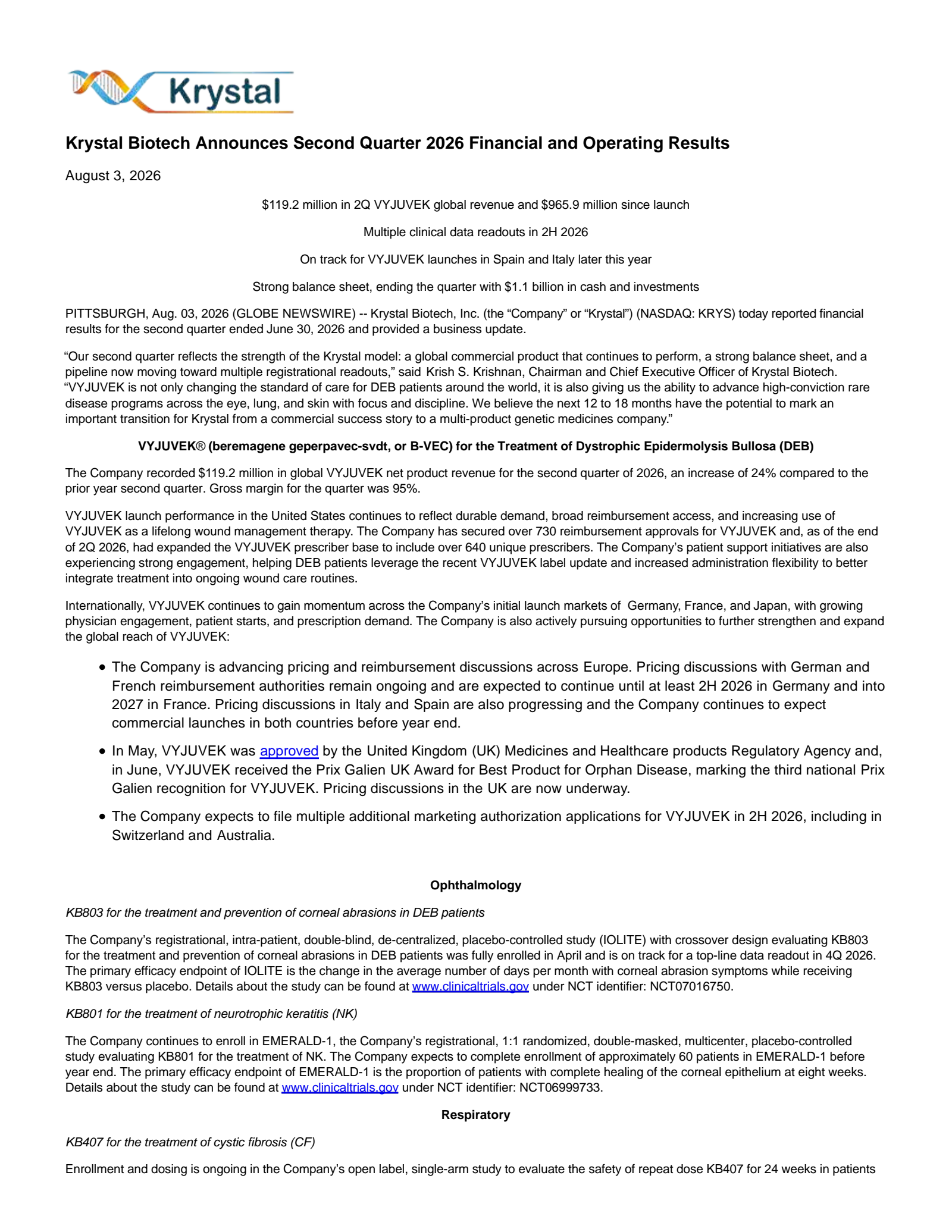 Krystal Biotech's Q2 2026 Press Release