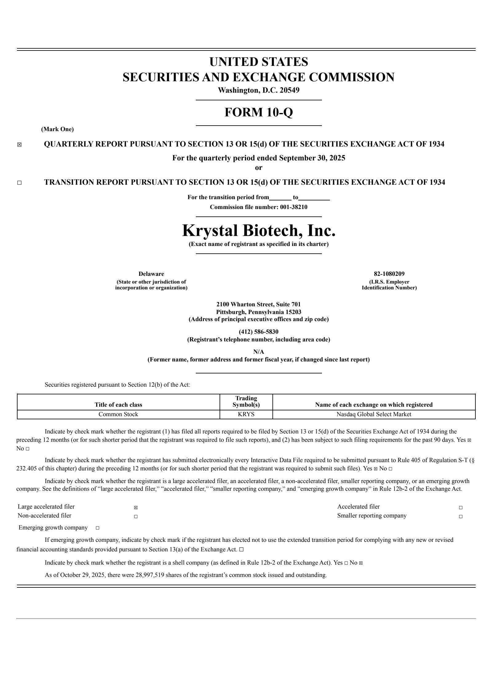 Krystal Biotech's Q3 2025 Quarterly Report
