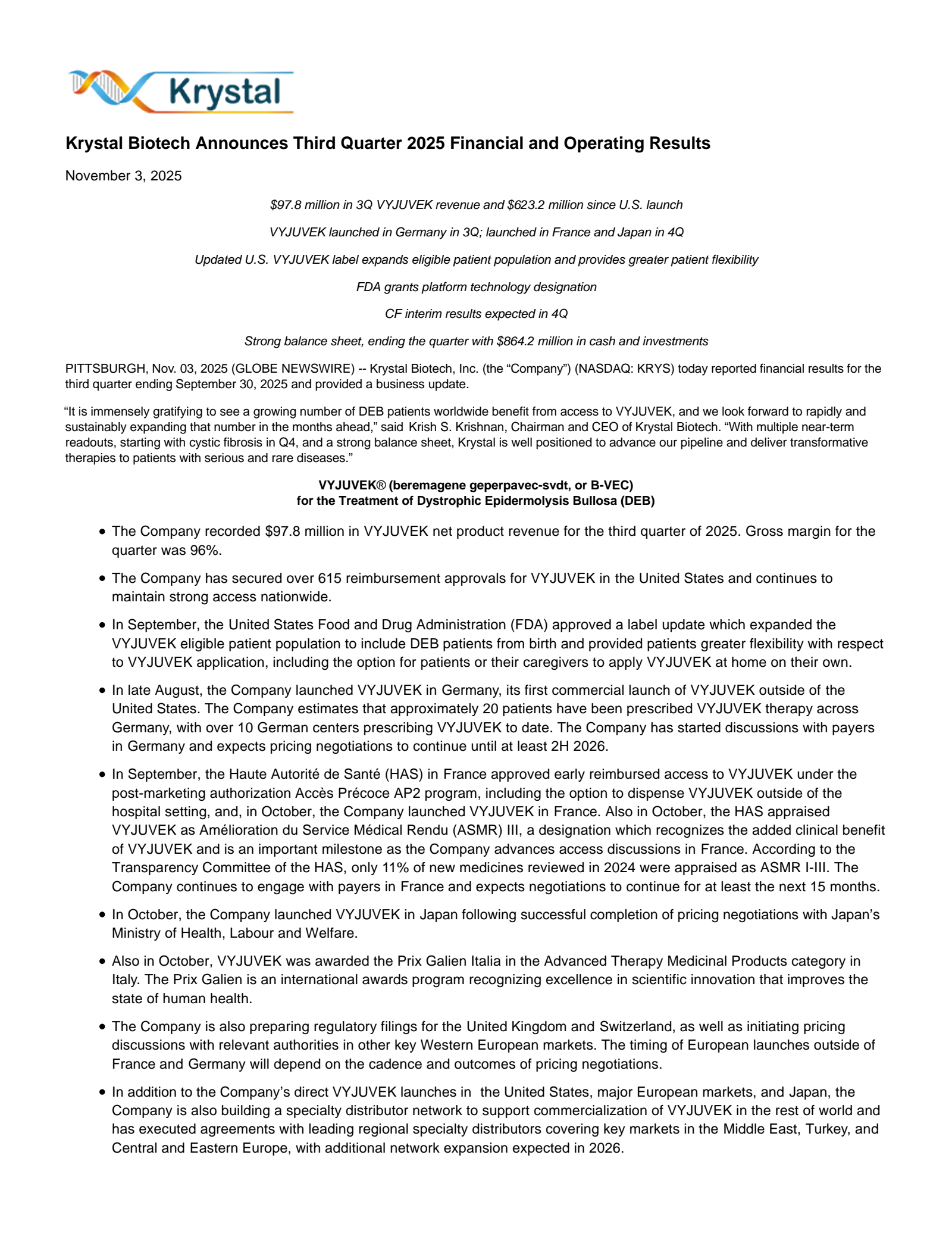 Krystal Biotech's Q3 2025 Earnings Release