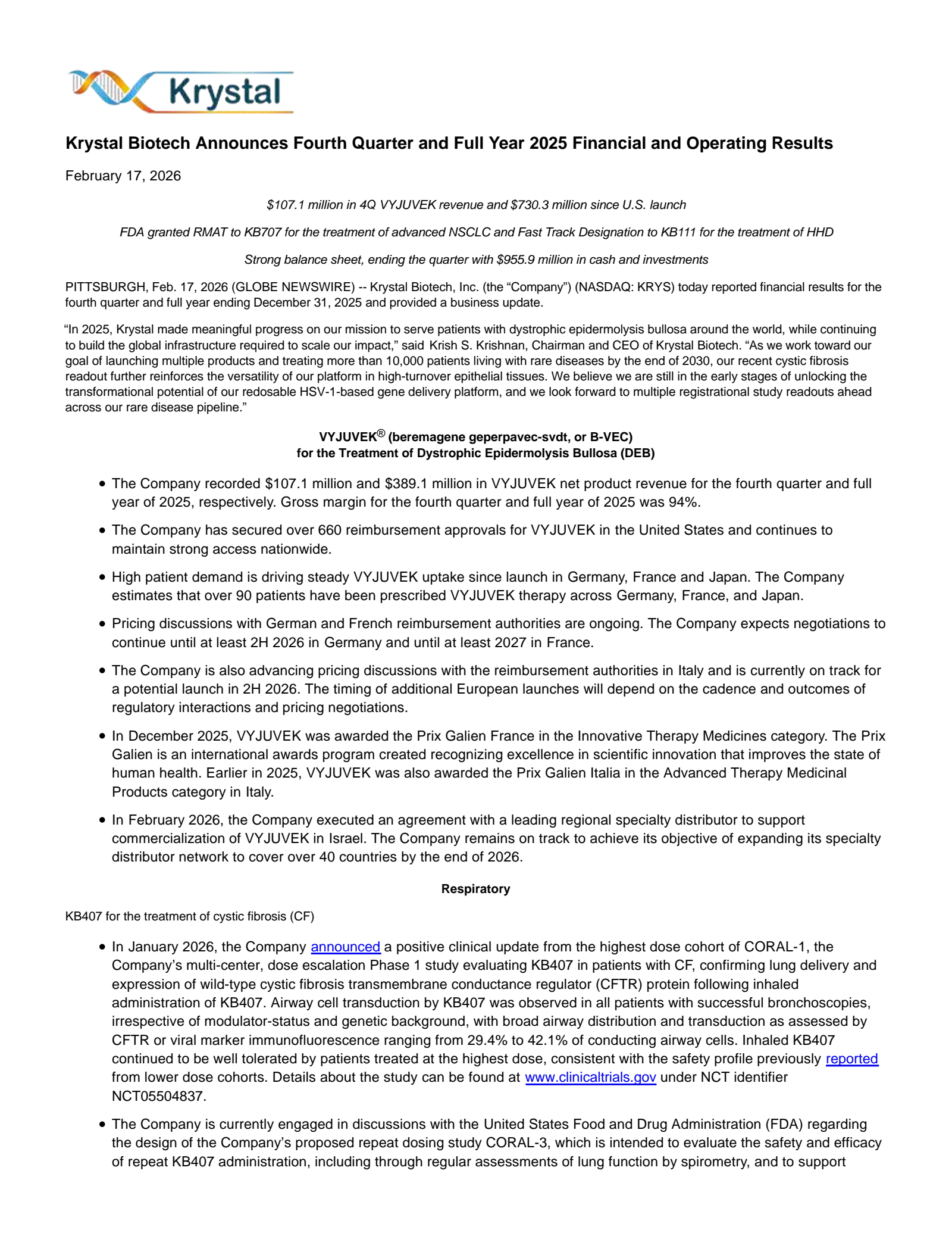 Krystal Biotech's Q4 2025 Press Release