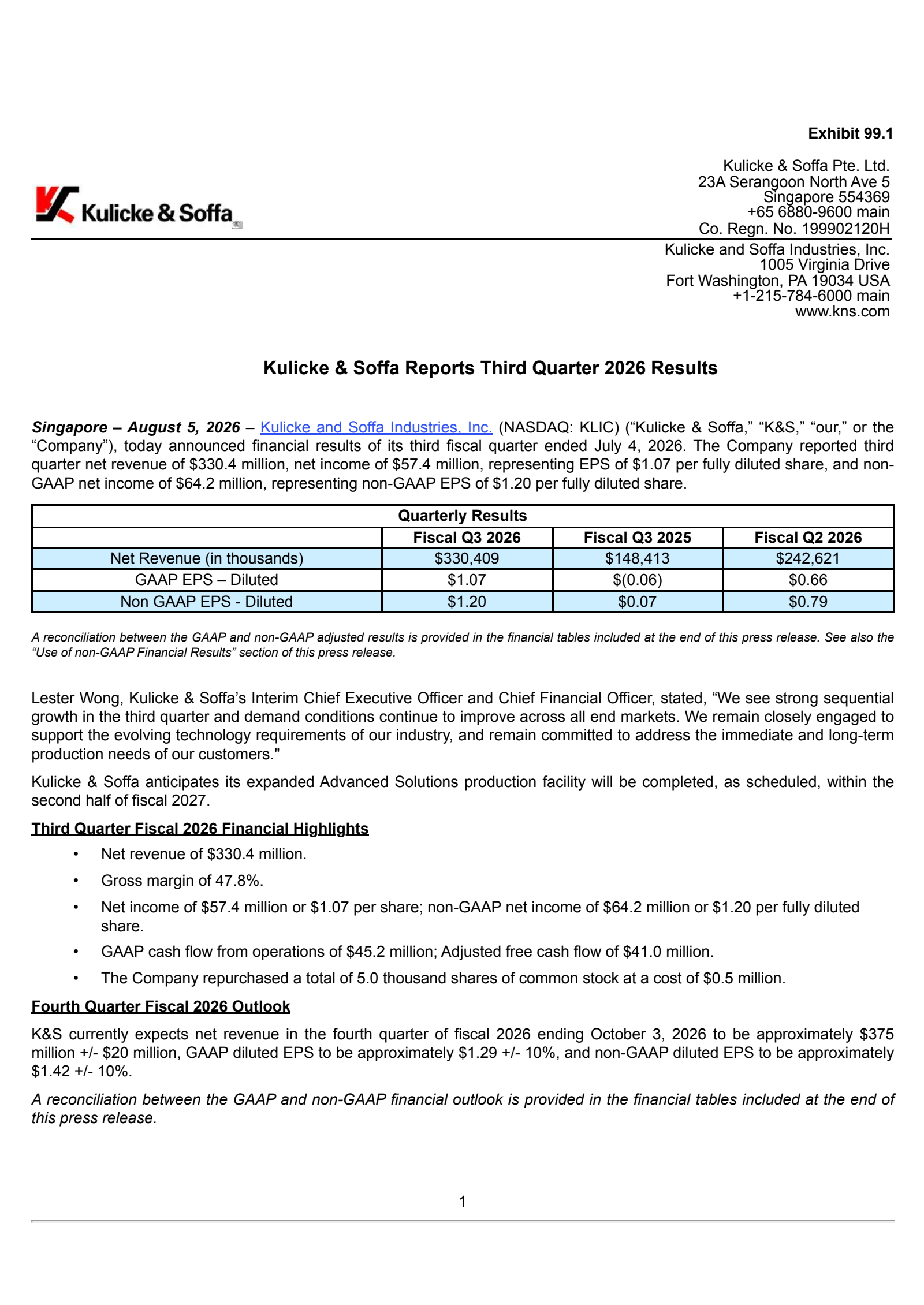 Kulicke and Soffa Industries' Q3 2026 Press Release