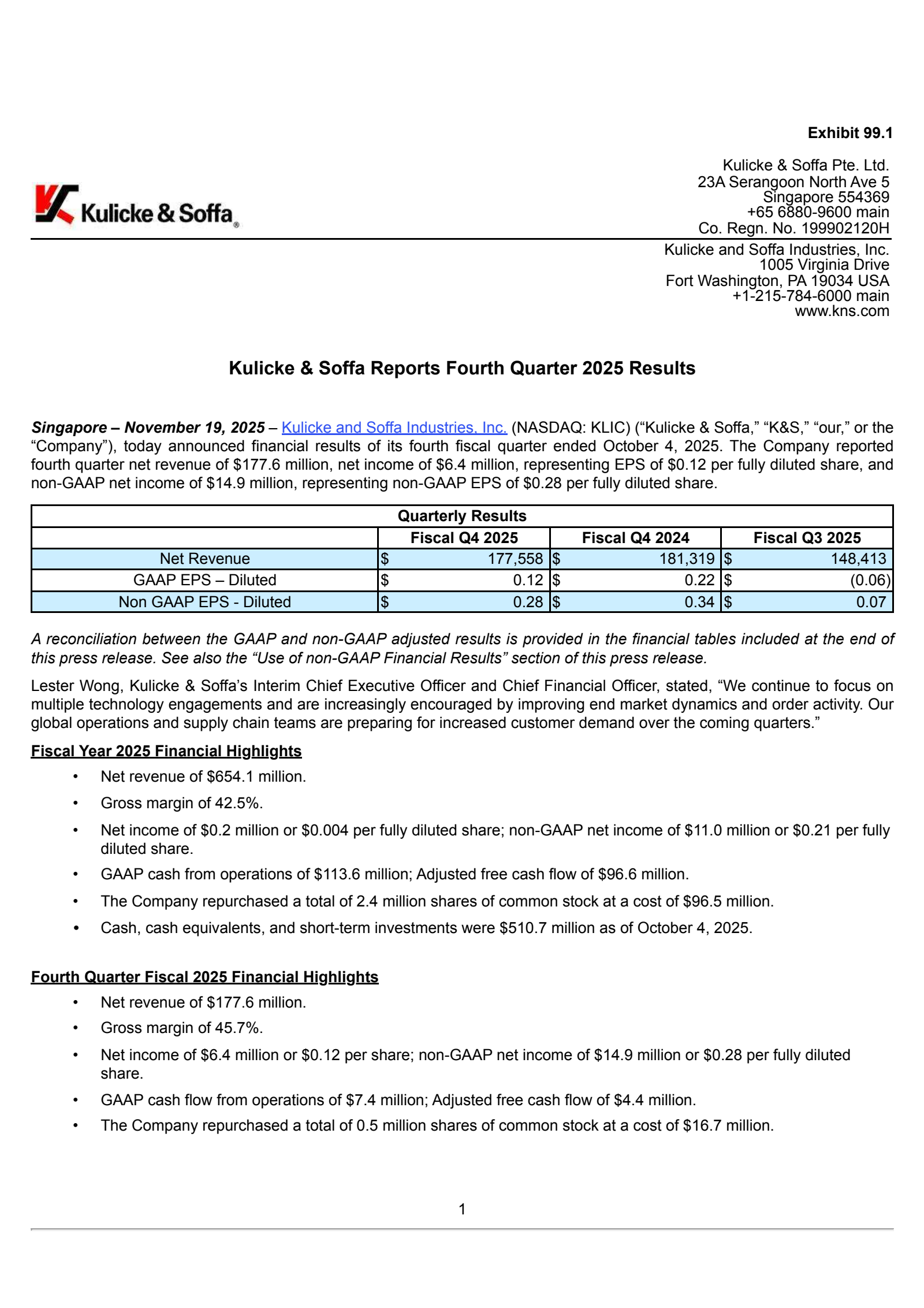 Kulicke and Soffa Industries' Q4 2025 Earnings Release