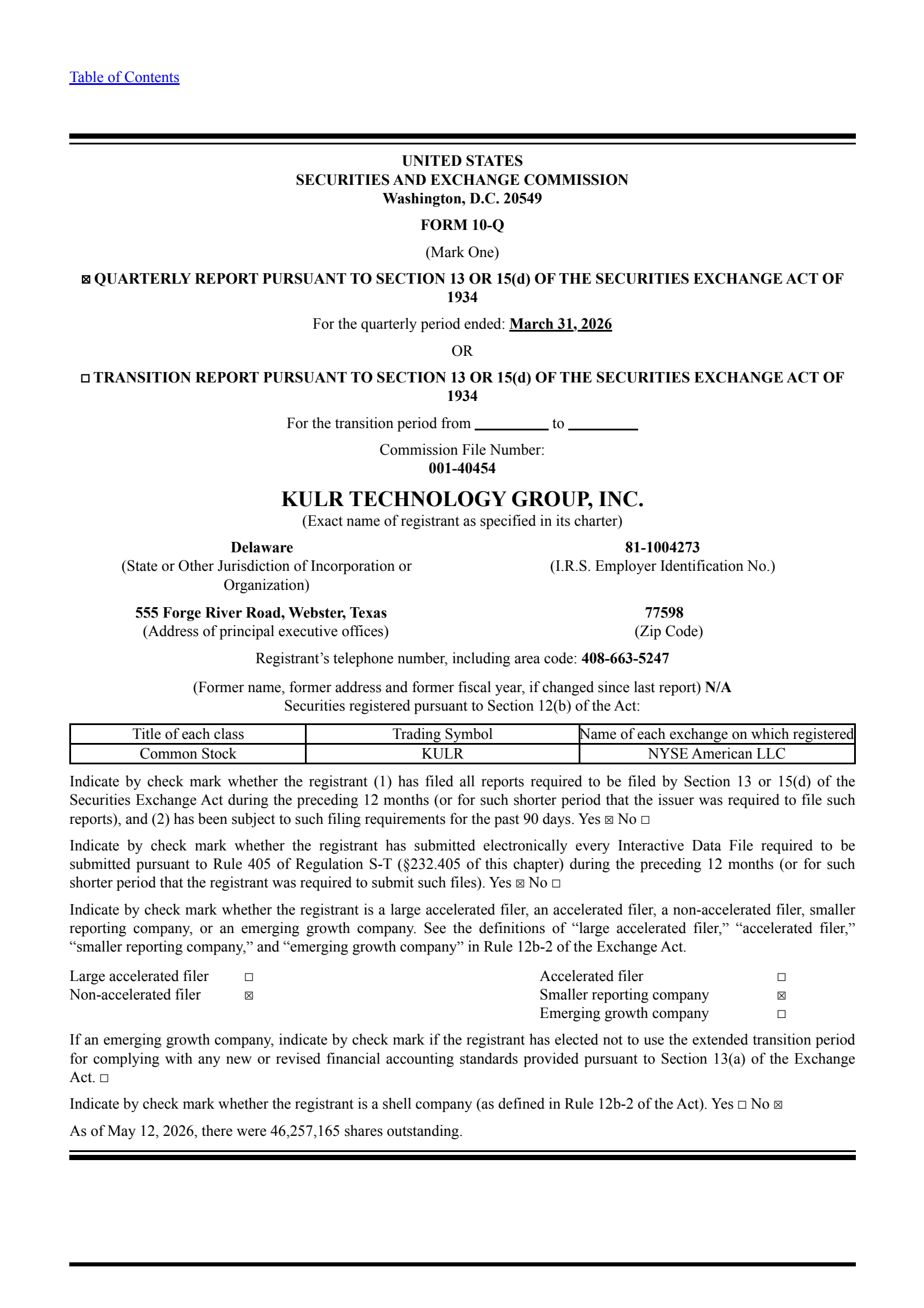 KULR Technology Group's Q1 2026 Quarterly report