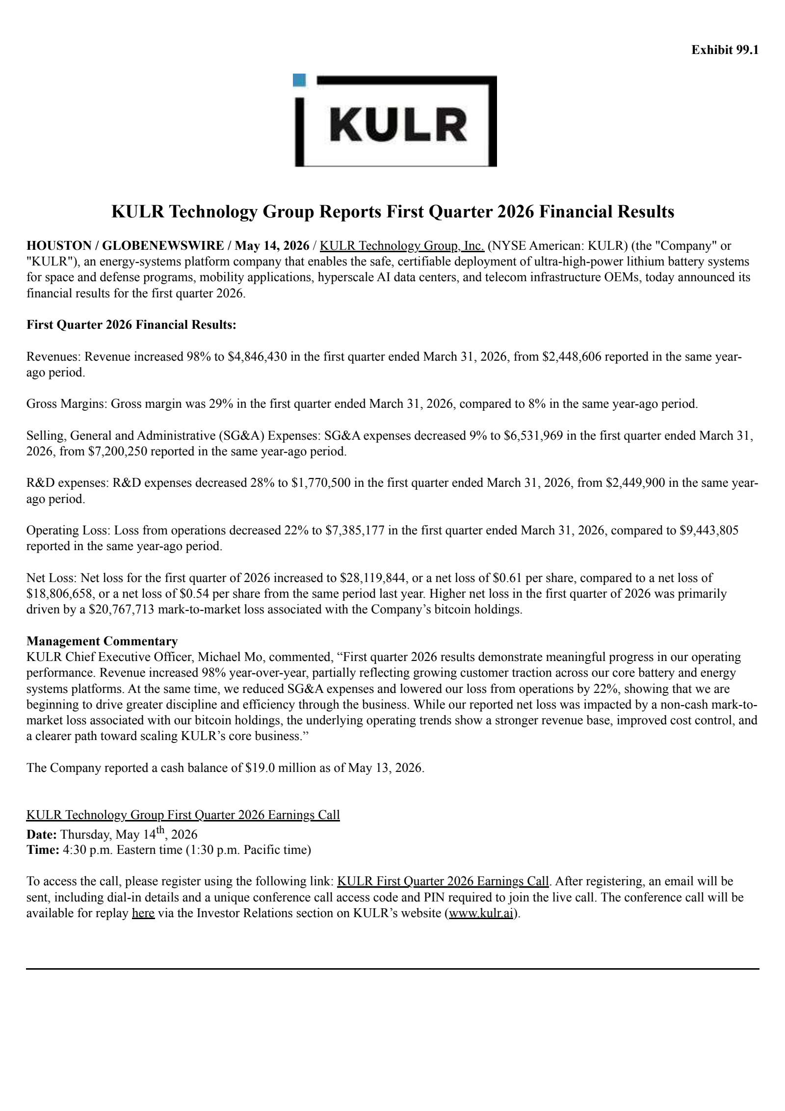 KULR Technology Group's Q1 2026 Press Release