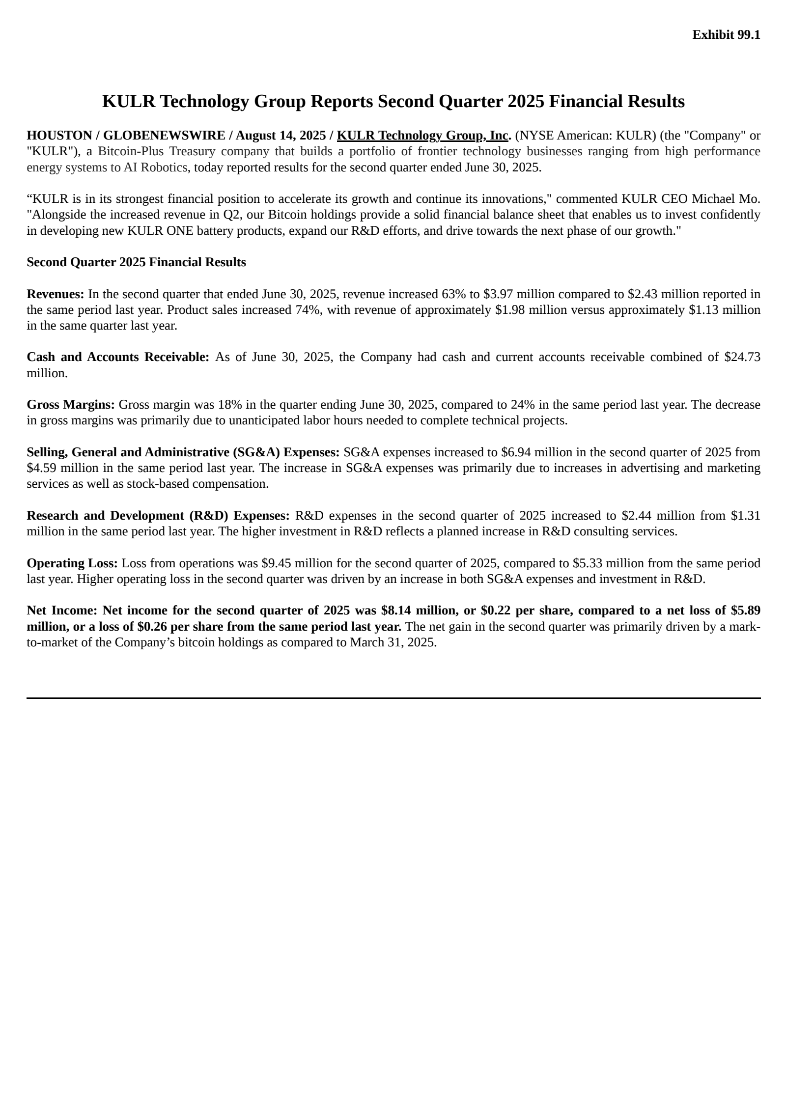 KULR Technology Group's Q2 2025 Press Release