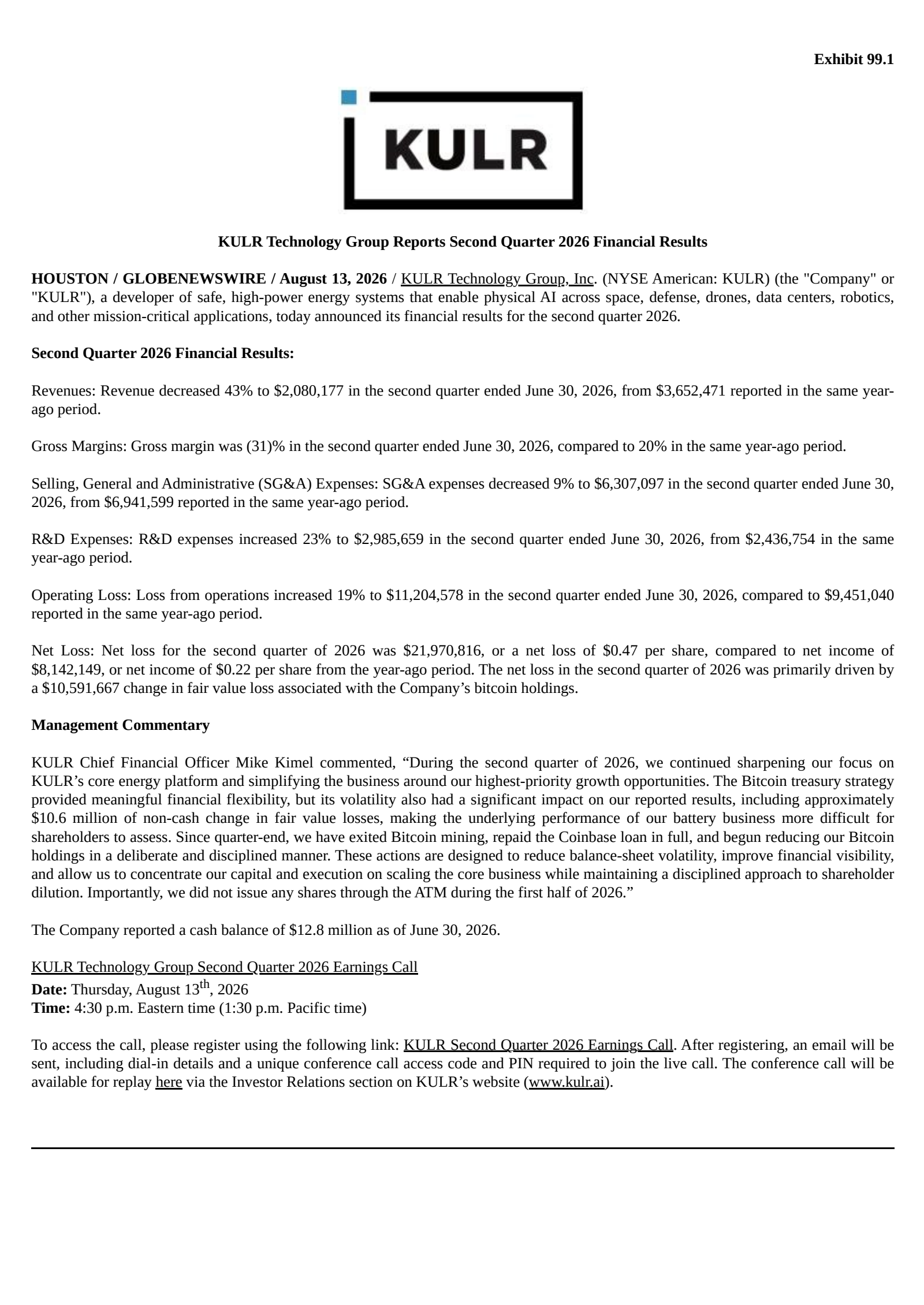 KULR Technology Group's Q2 2026 Press Release