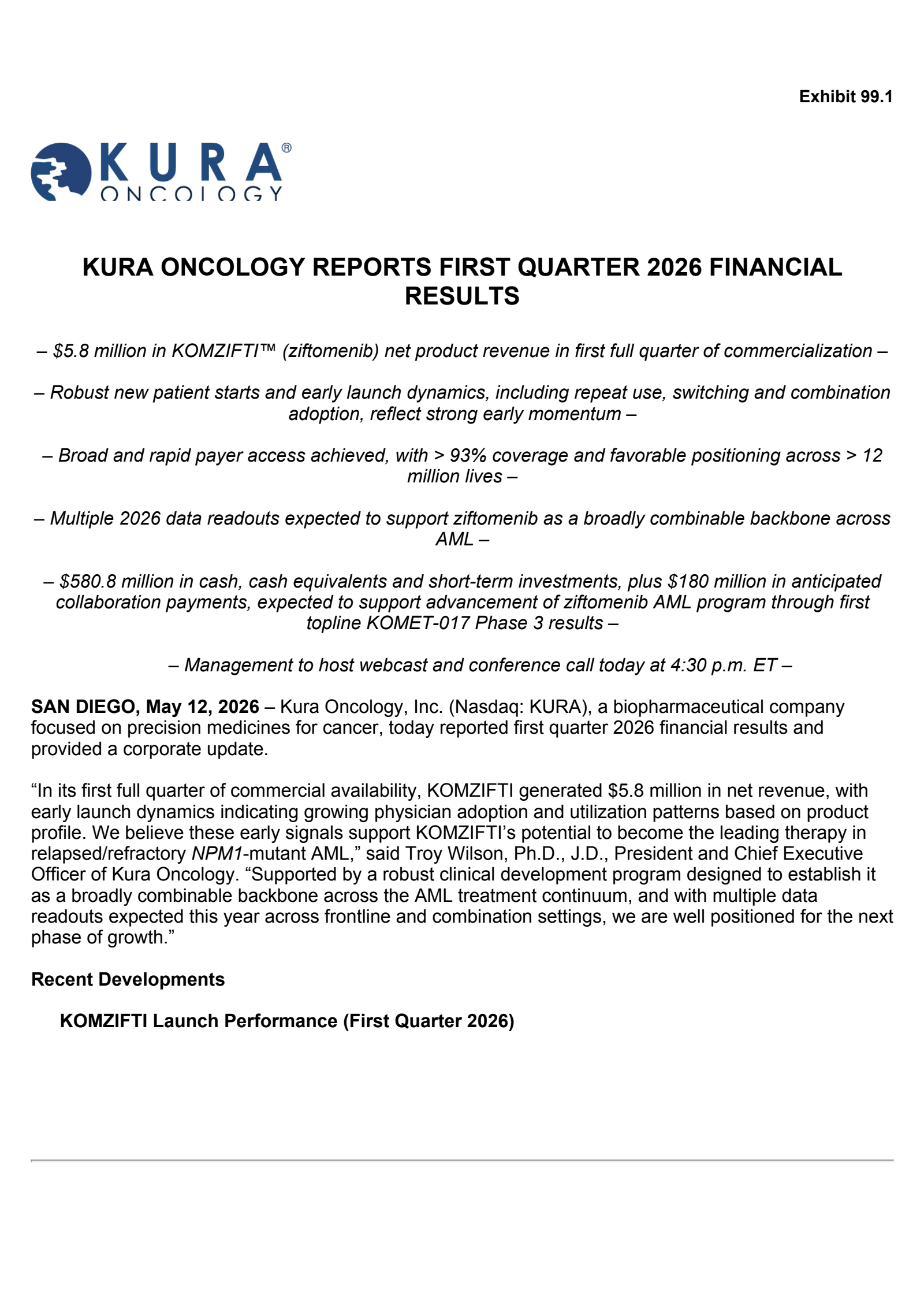 Kura Oncology's Q1 2026 Press Release
