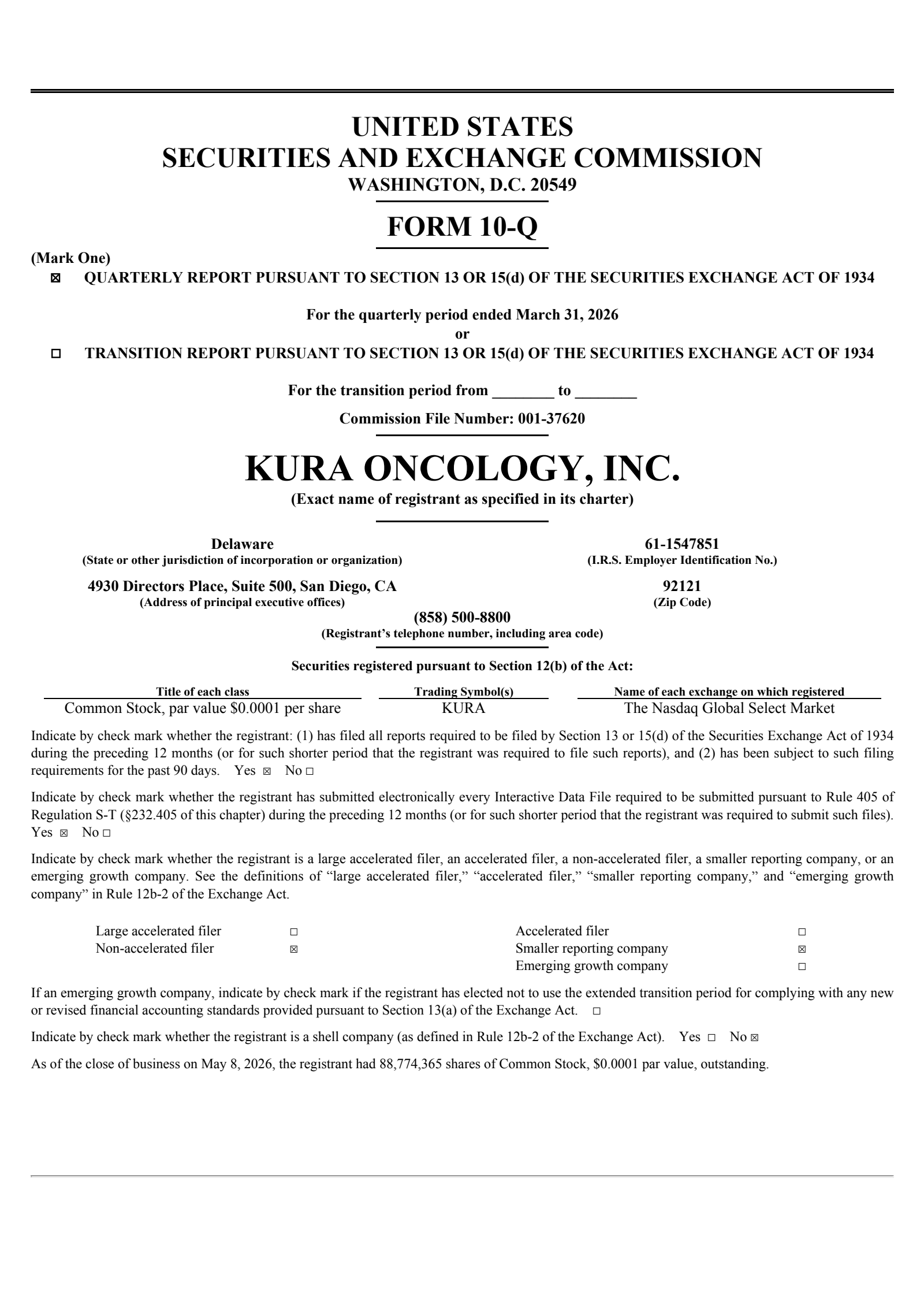 Kura Oncology's Q1 2026 Quarterly report