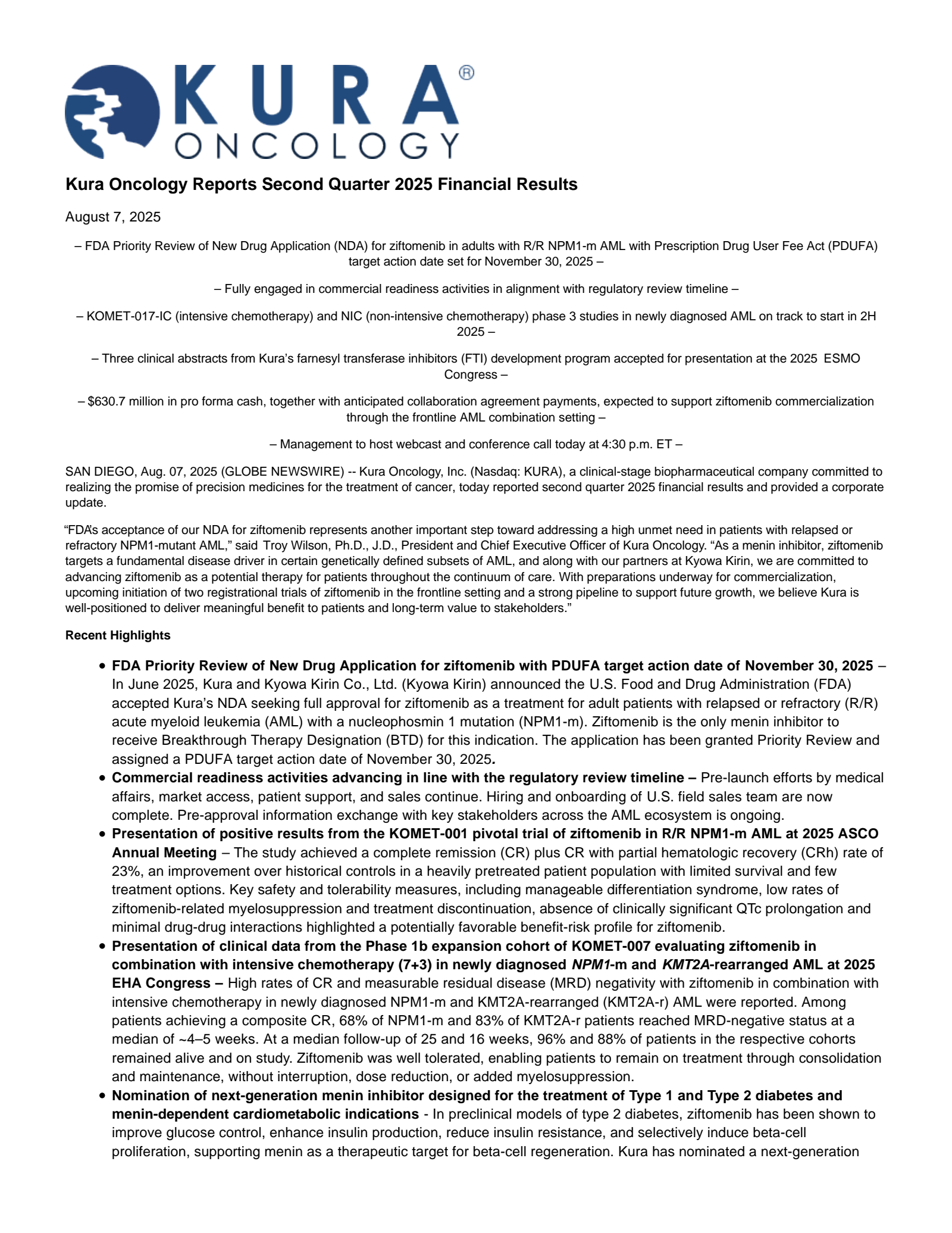 Kura Oncology's Q2 2025 Press Release