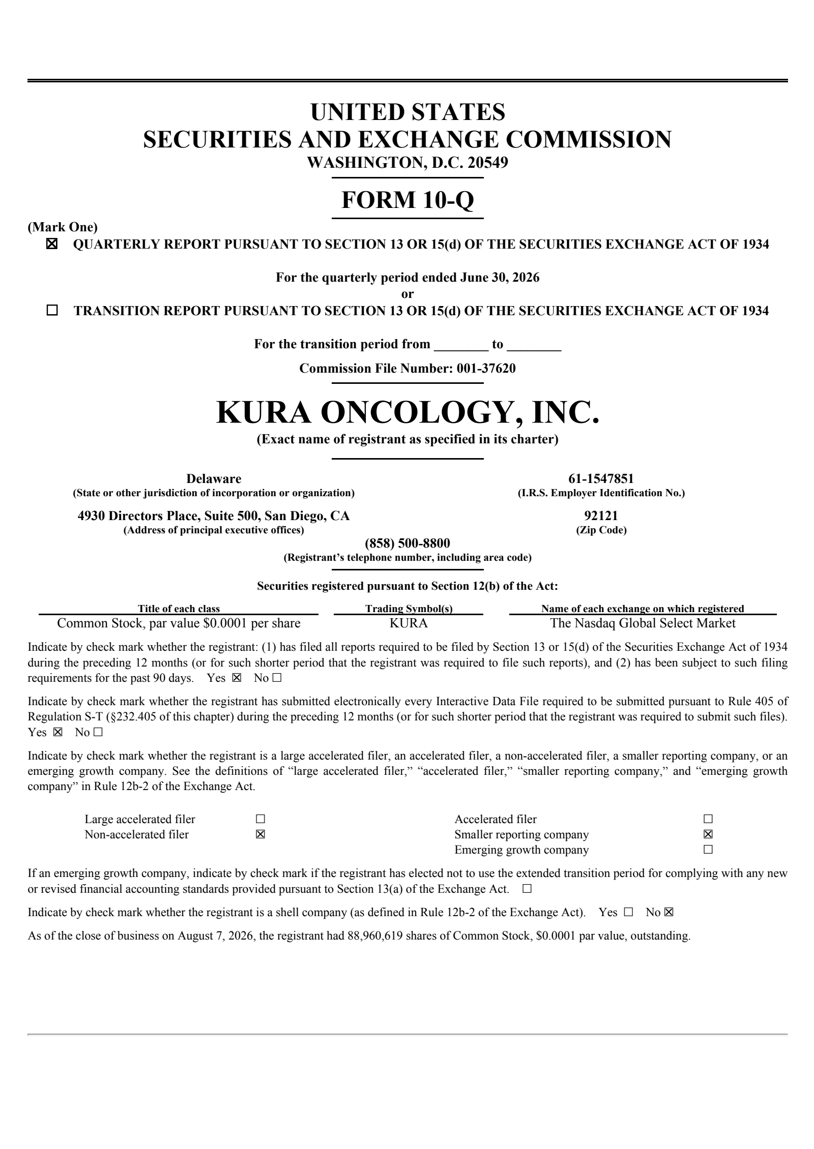 Kura Oncology's Q2 2026 Quarterly report