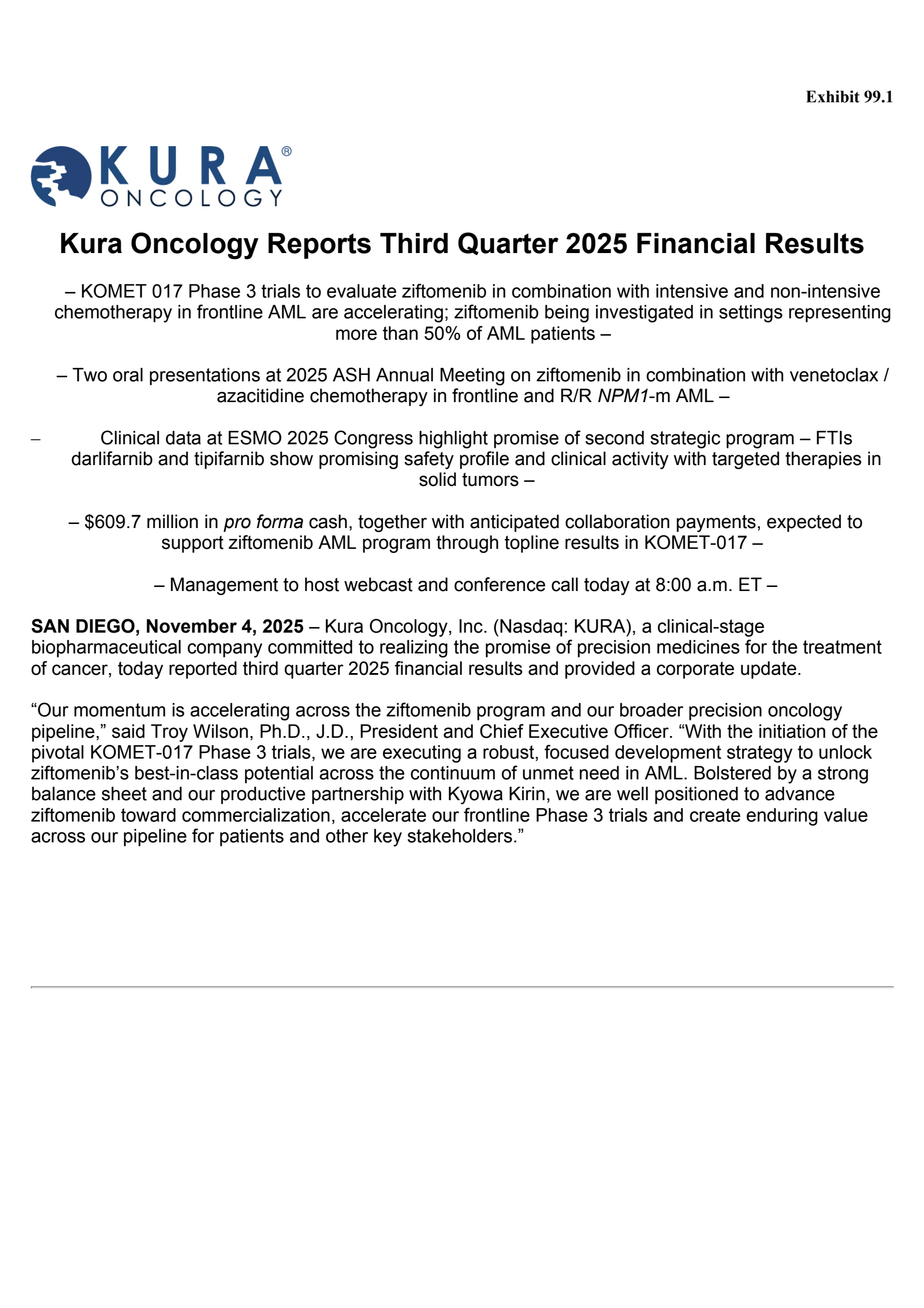 Kura Oncology's Q3 2025 Earnings Release