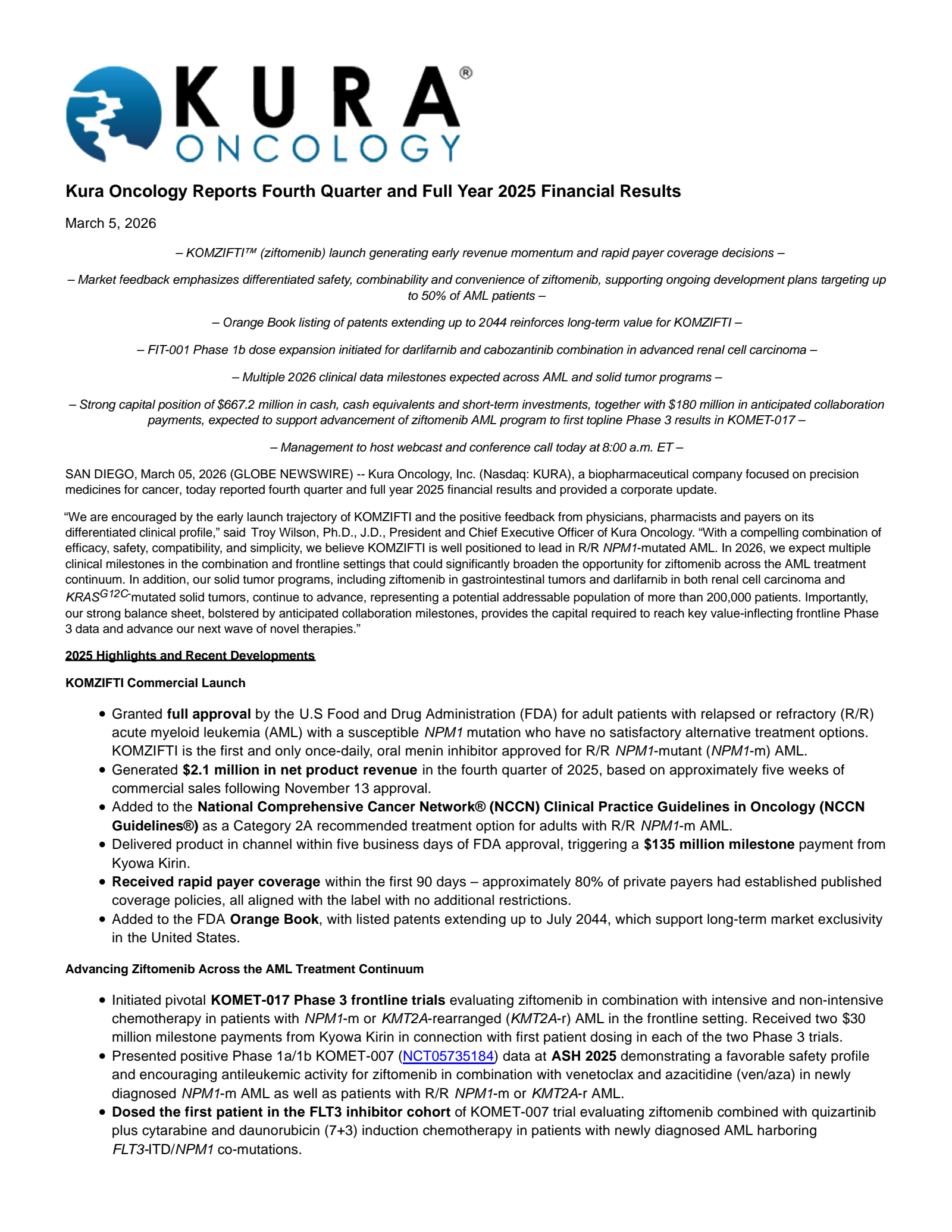 Kura Oncology's Q4 2025 Press Release