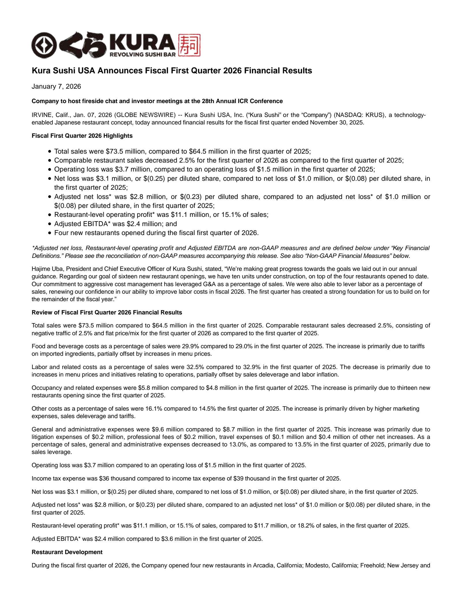 Kura Sushi USA's Q1 2026 Earnings Release