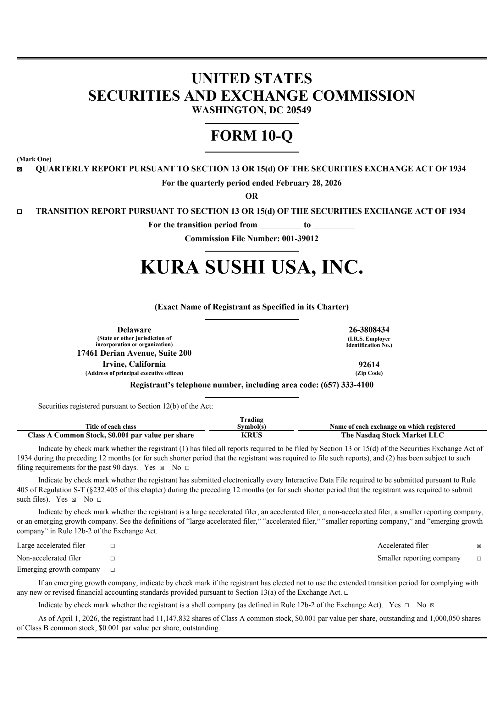 Kura Sushi USA's Q2 2026 Quarterly report