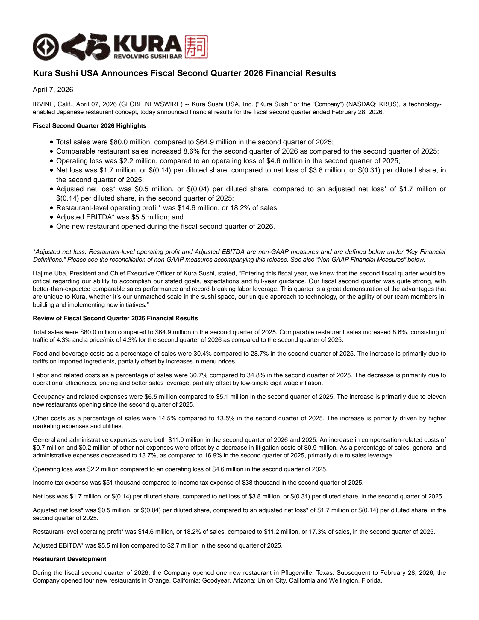 Kura Sushi USA's Q2 2026 Press Release