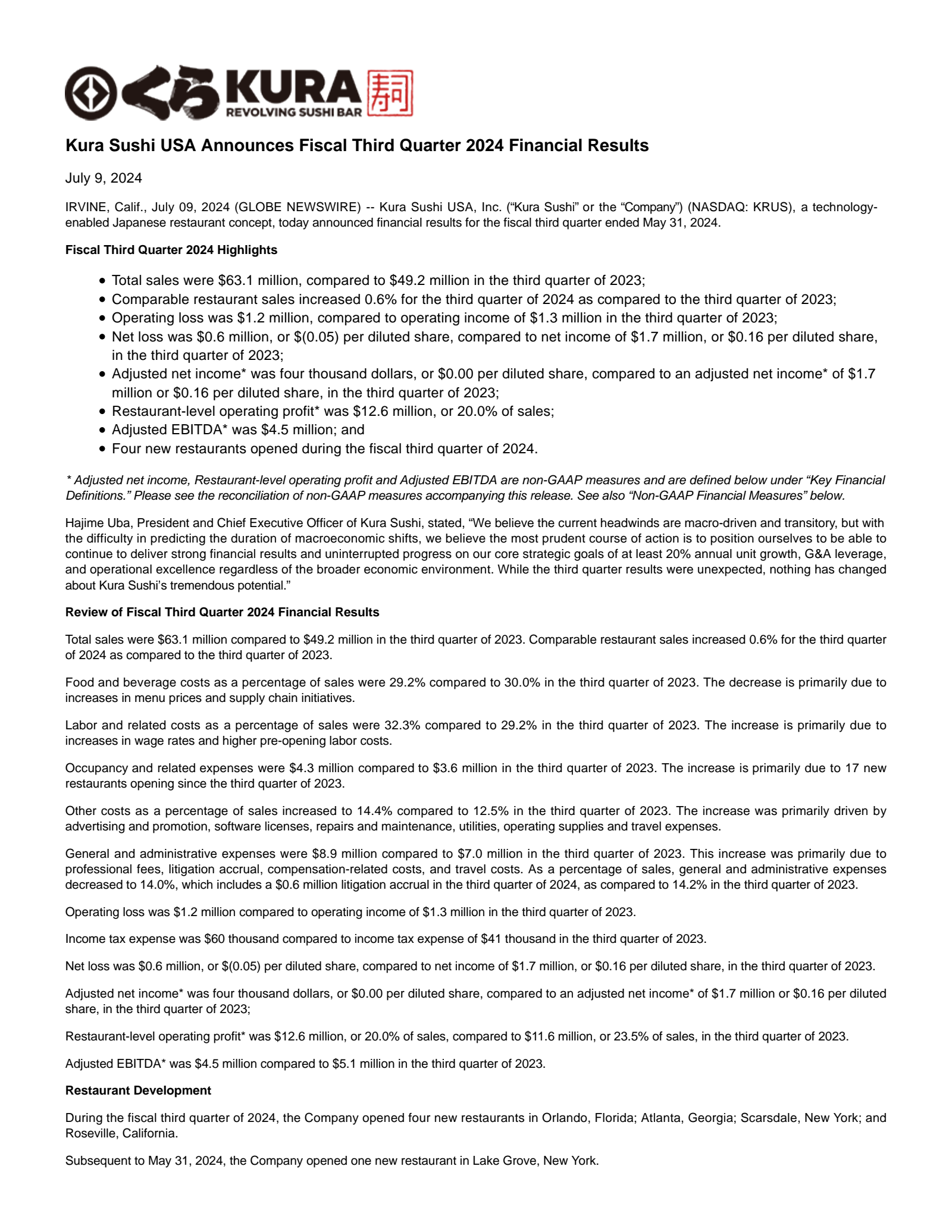 Kura Sushi USA's Q3 2024 Press Release