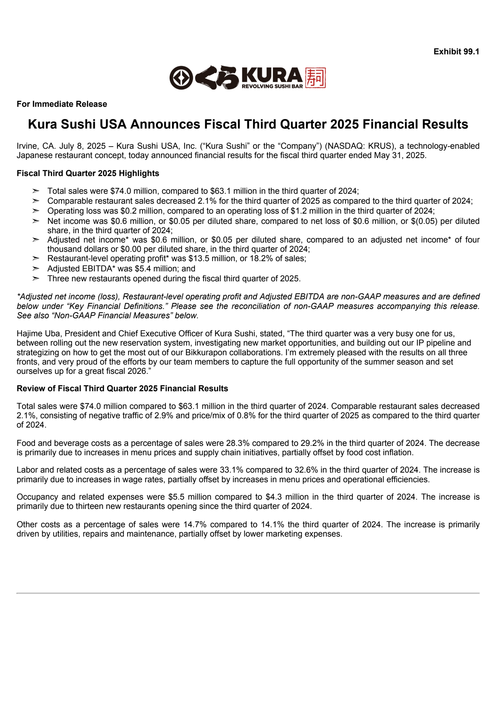 Kura Sushi USA's Q3 2025 Press Release