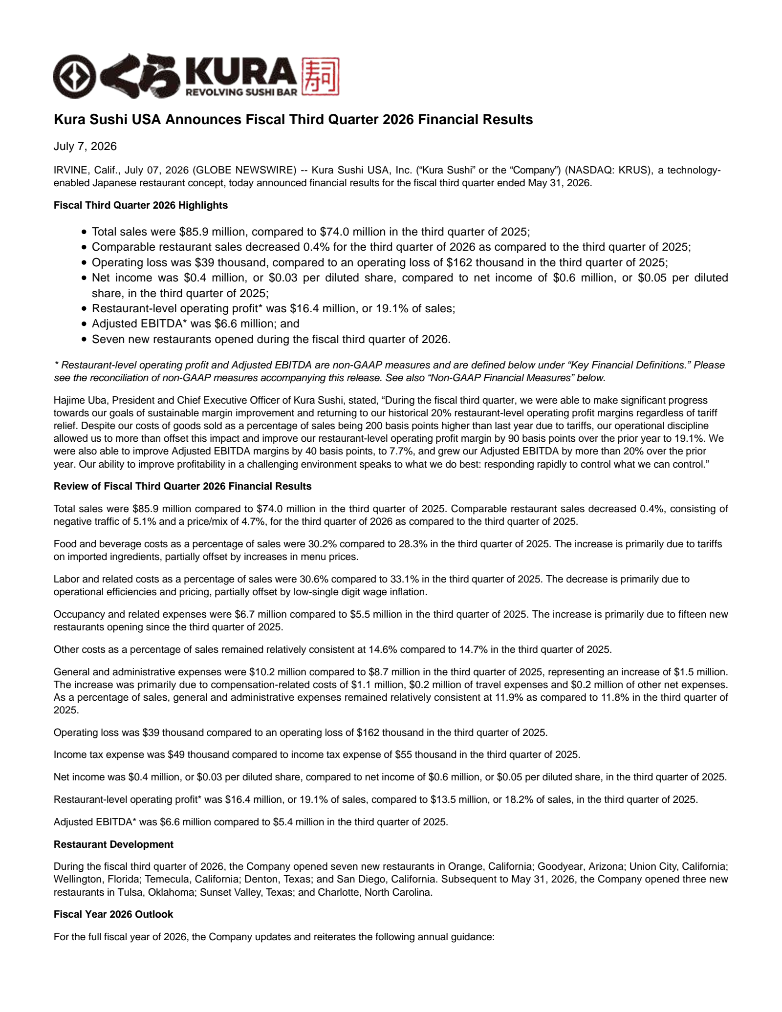 Kura Sushi USA's Q3 2026 Press Release