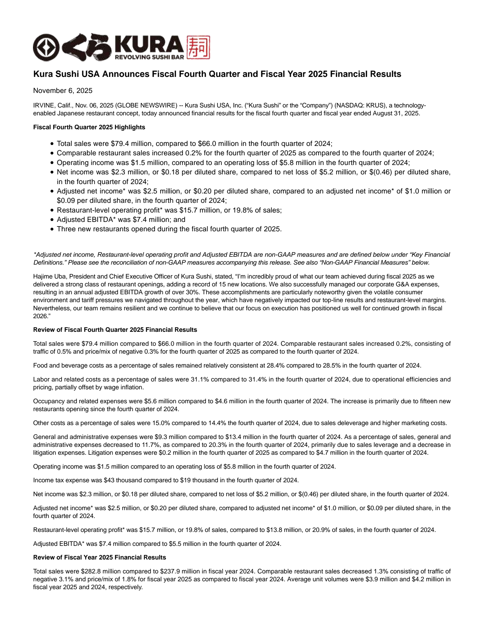 Kura Sushi USA's Q4 2025 Earnings Release