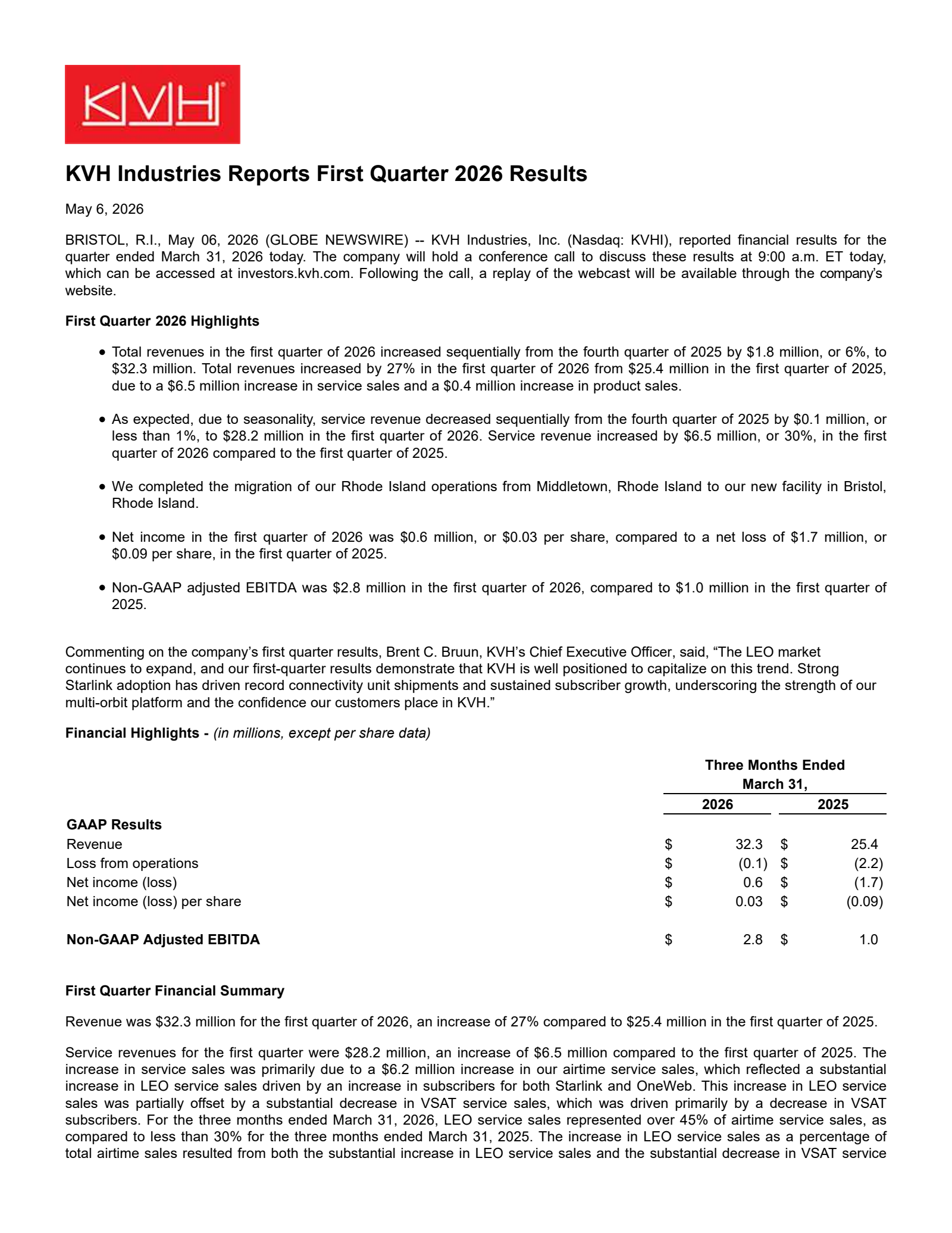 KVH Industries' Q1 2026 Press Release