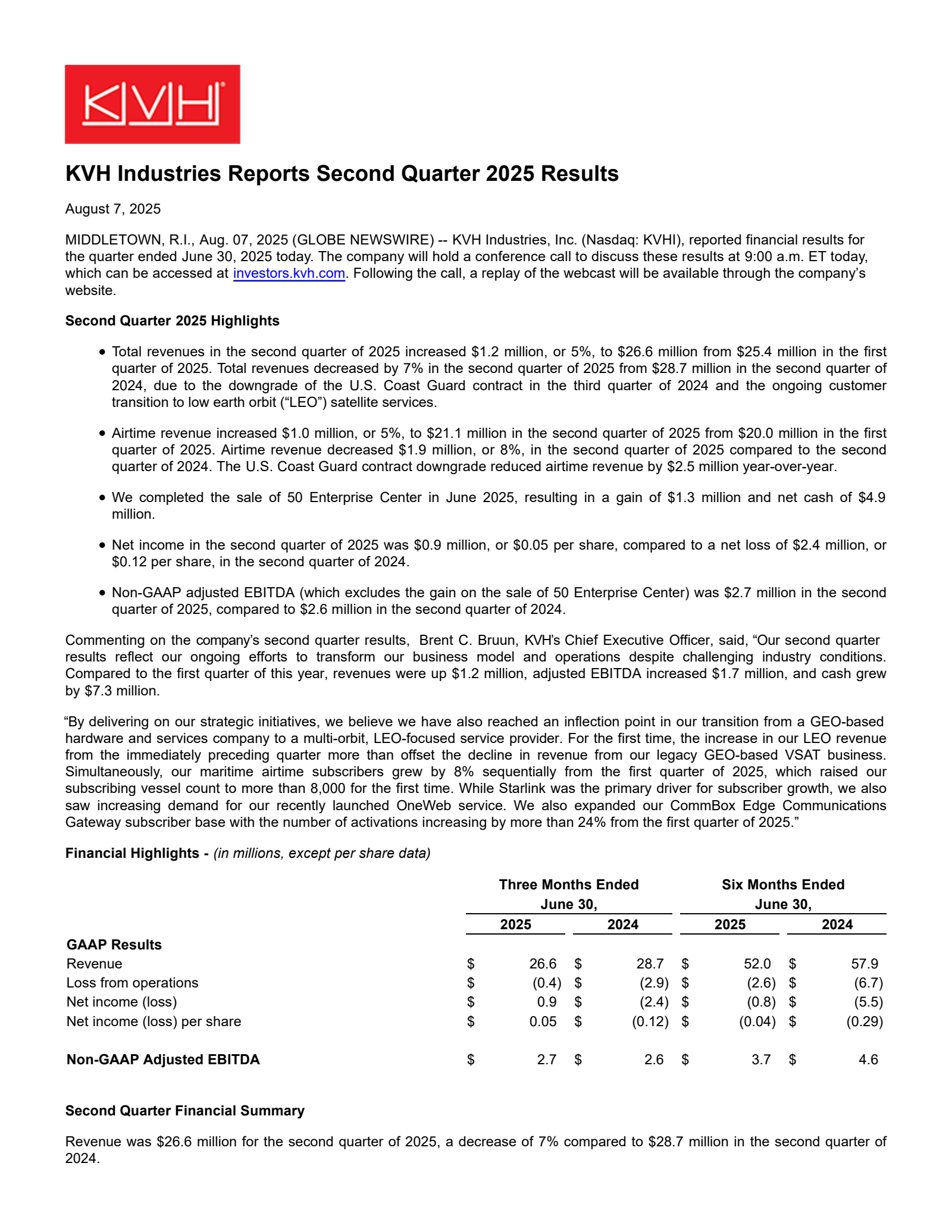 KVH Industries' Q2 2025 Press Release