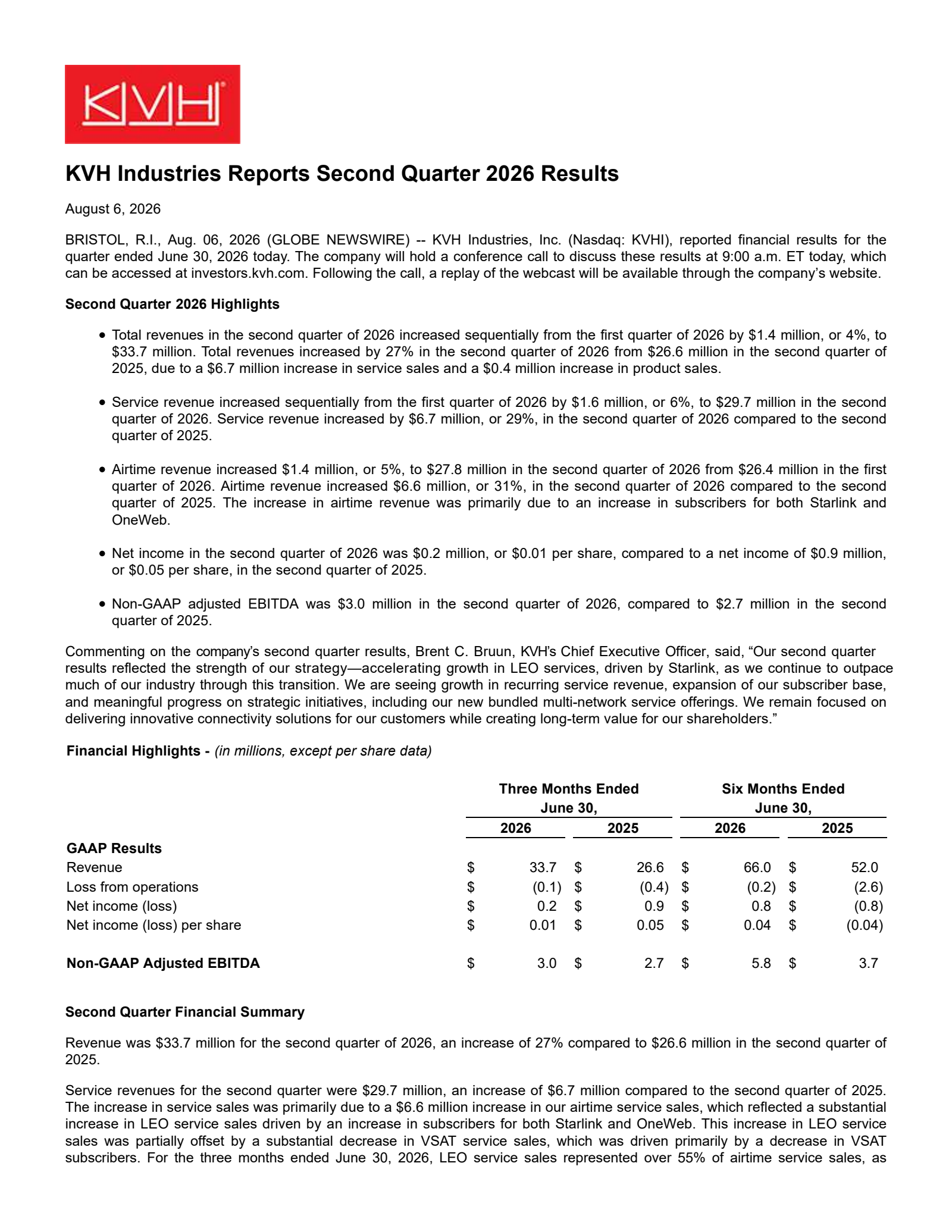 KVH Industries' Q2 2026 Press Release