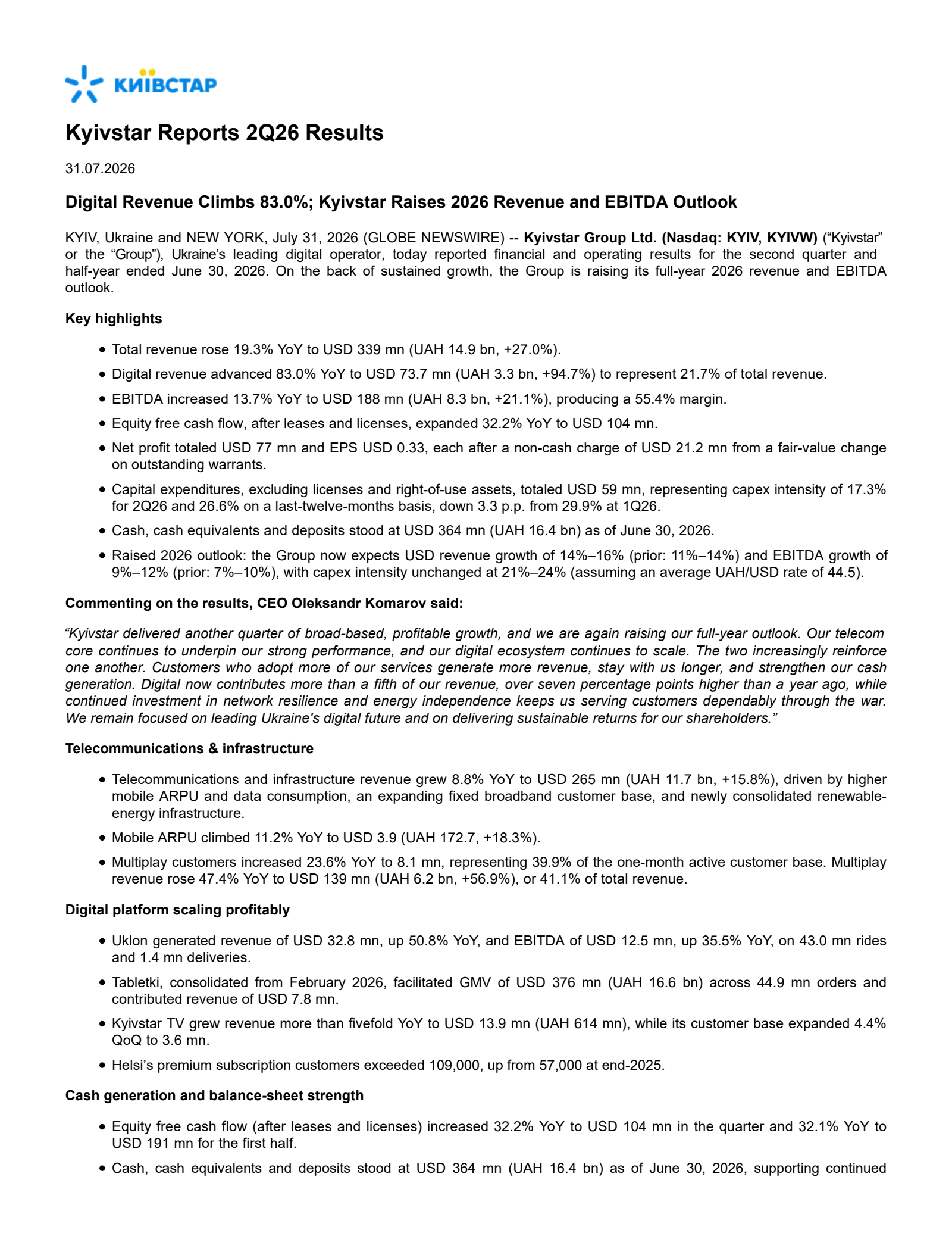 Kyivstar Group's Q2 2026 Press Release