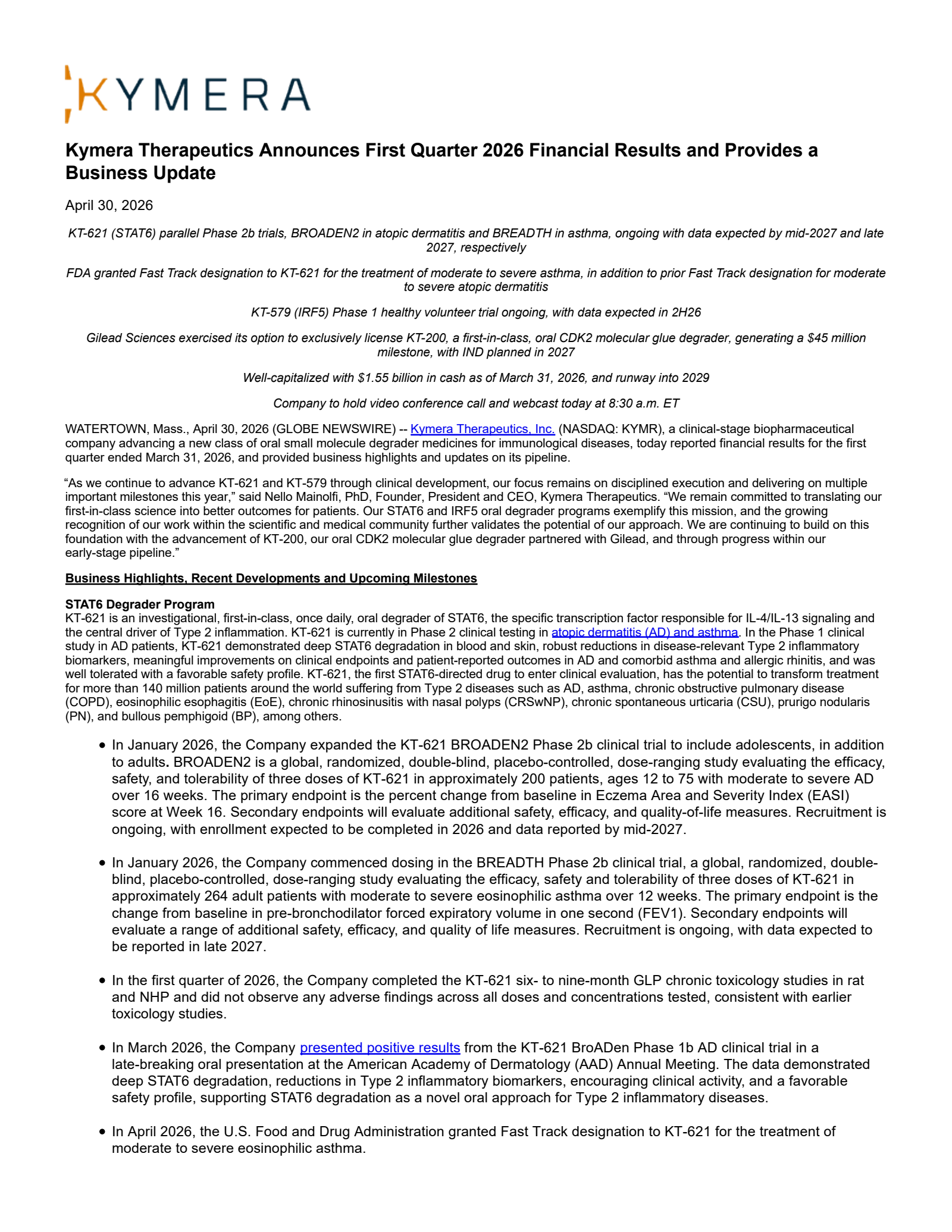 Kymera Therapeutics' Q1 2026 Press Release