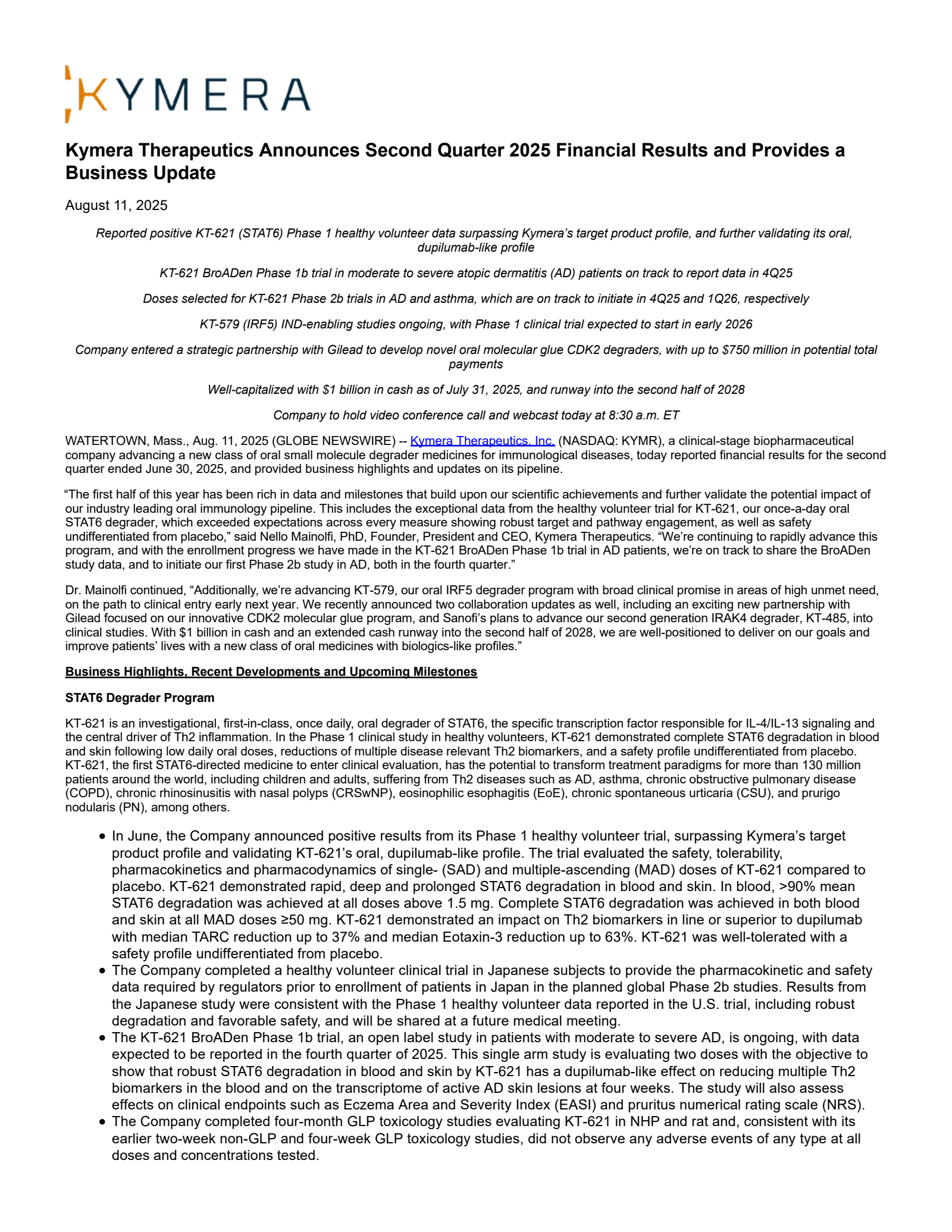 Kymera Therapeutics' Q2 2025 Press Release