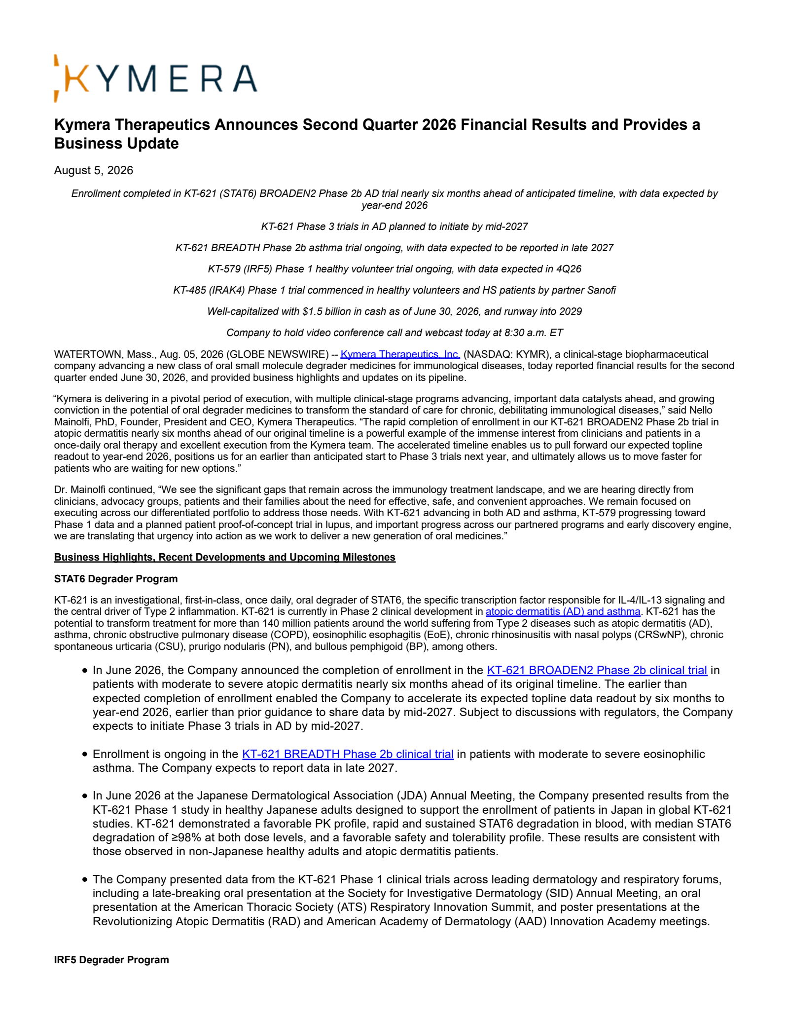 Kymera Therapeutics' Q2 2026 Press Release