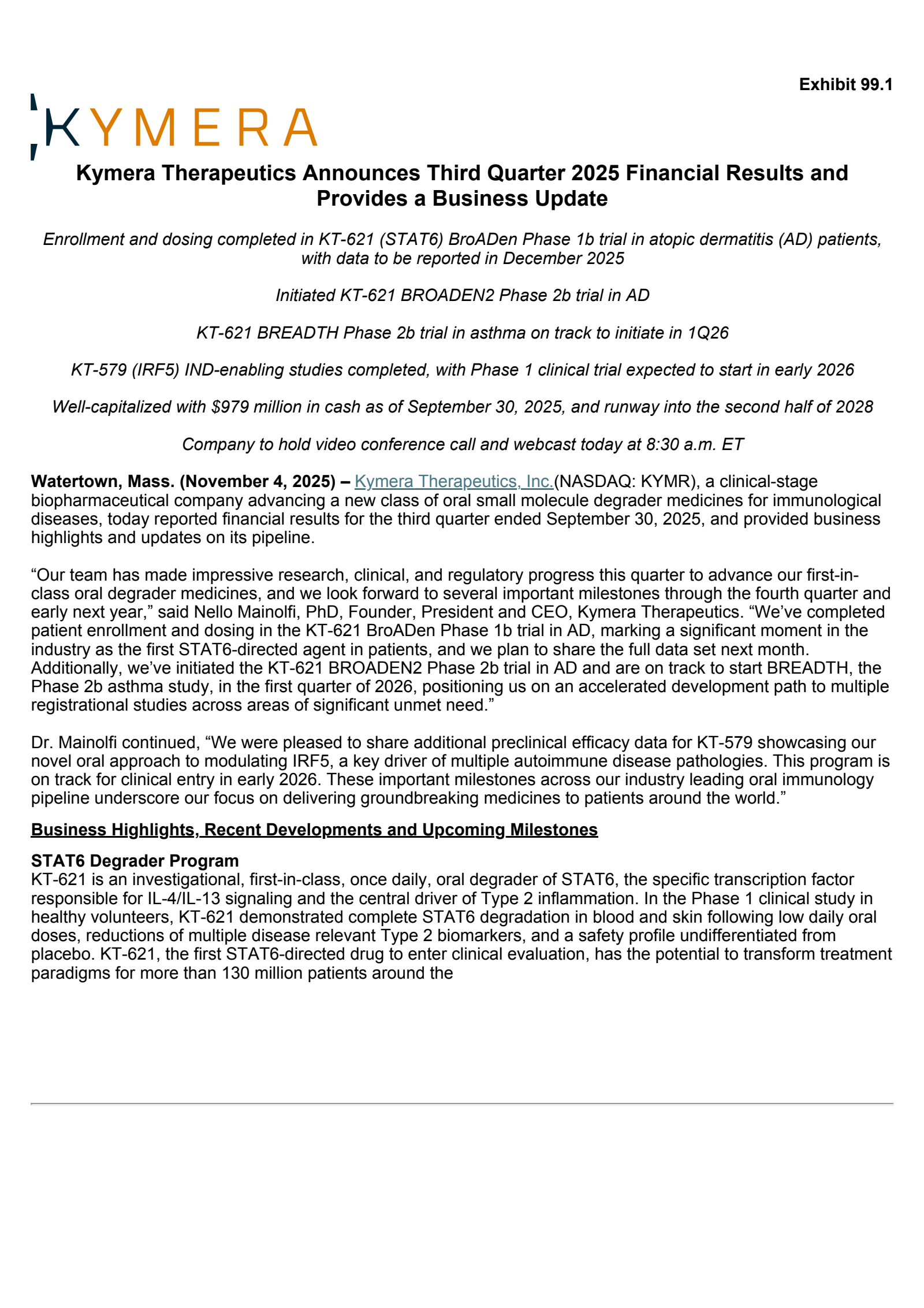 Kymera Therapeutics' Q3 2025 Earnings Release