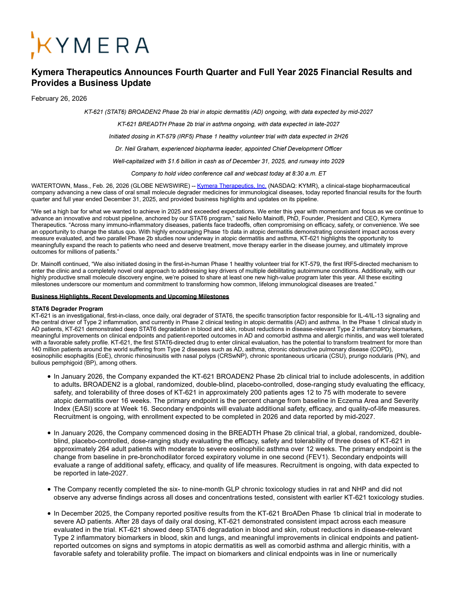 Kymera Therapeutics' Q4 2025 Press Release