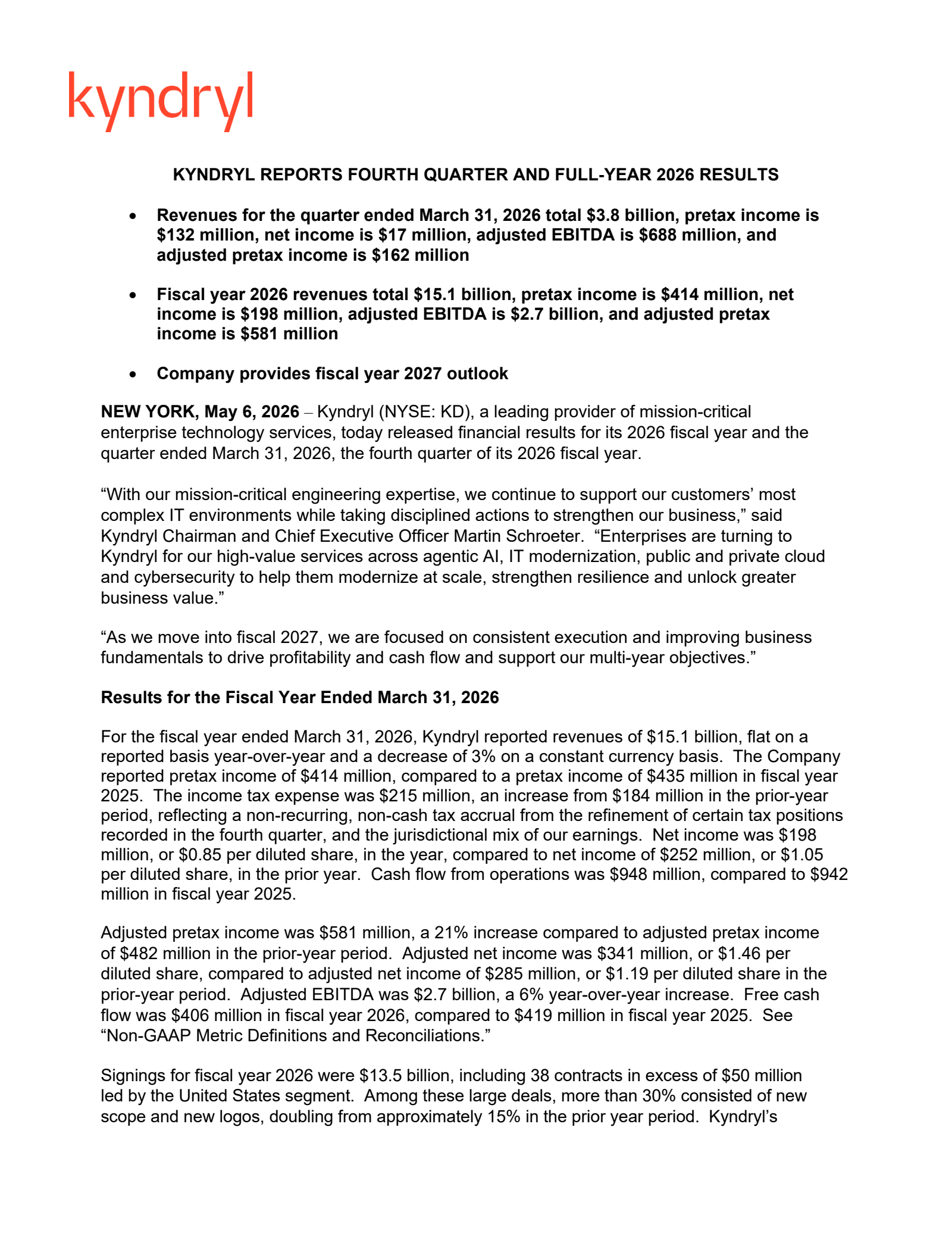 Kyndryl's Q4 2026 Press Release
