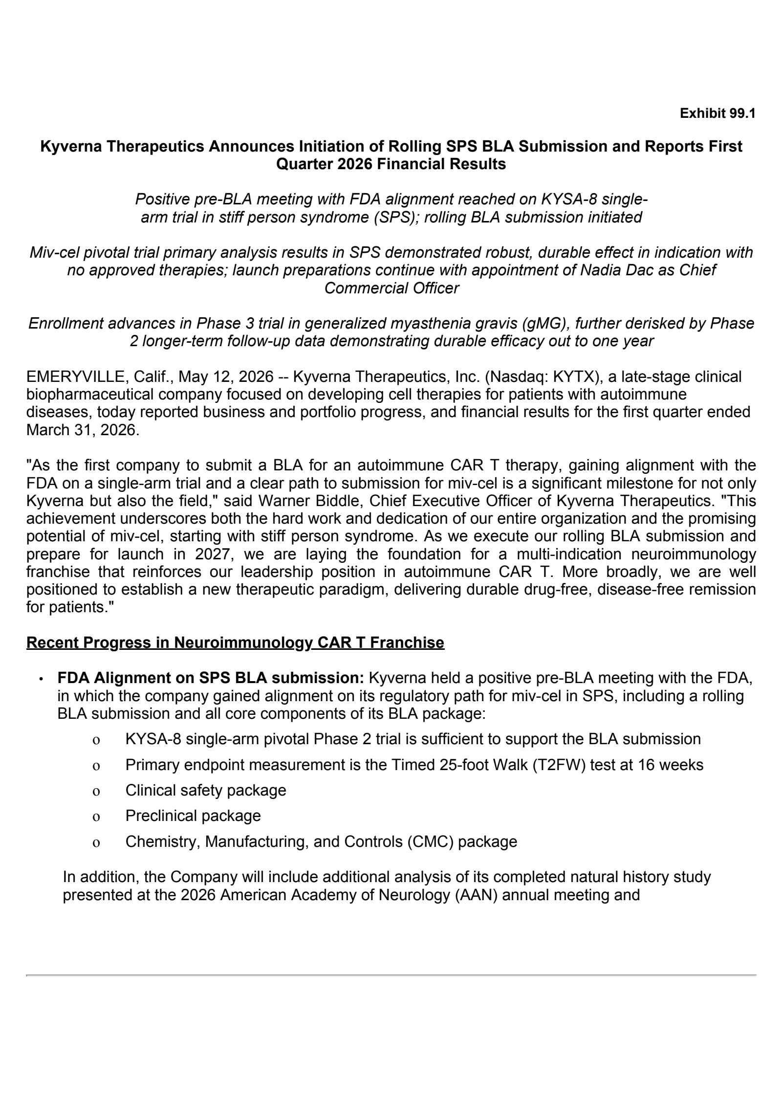 Kyverna Therapeutics' Q1 2026 Press Release