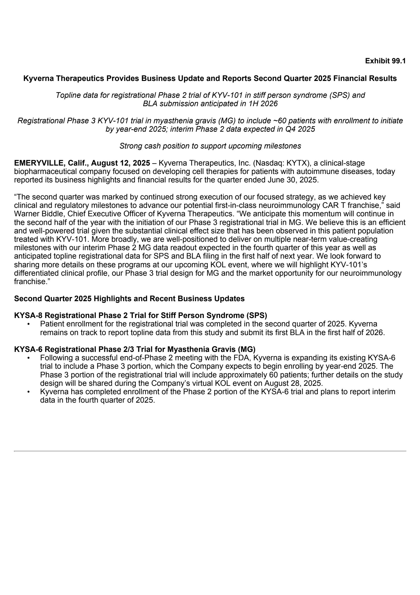 Kyverna Therapeutics' Q2 2025 Press Release