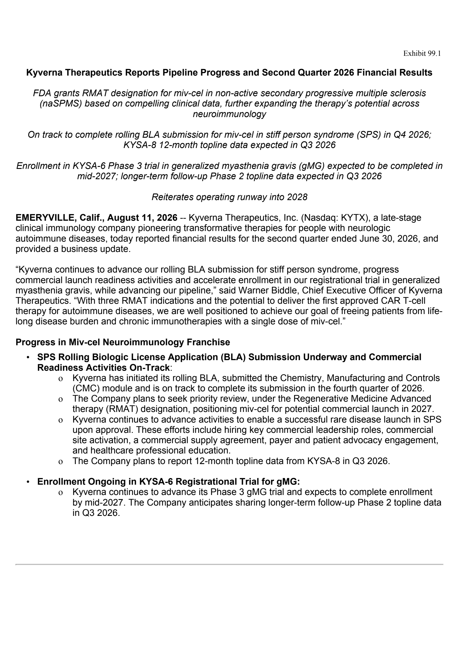 Kyverna Therapeutics' Q2 2026 Press Release