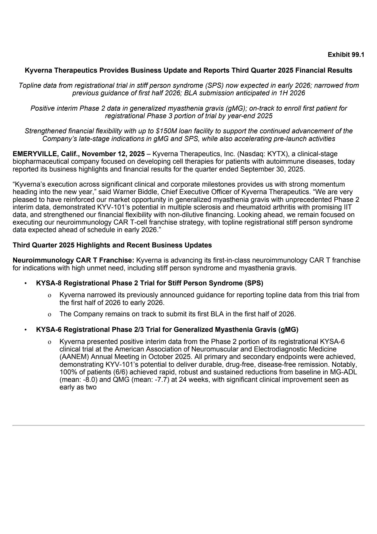 Kyverna Therapeutics' Q3 2025 Earnings Release