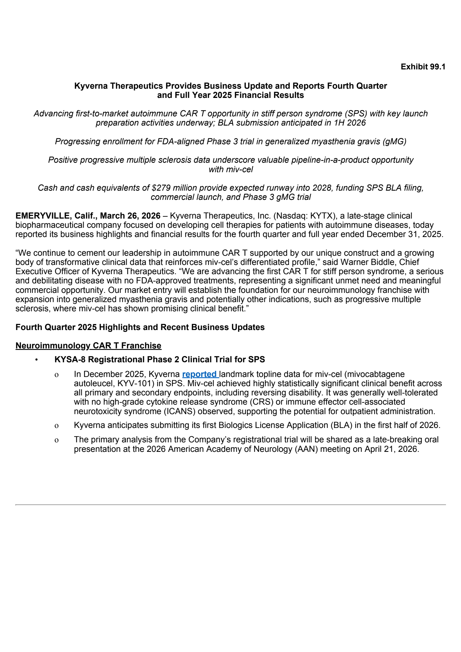 Kyverna Therapeutics' Q4 2025 Press Release