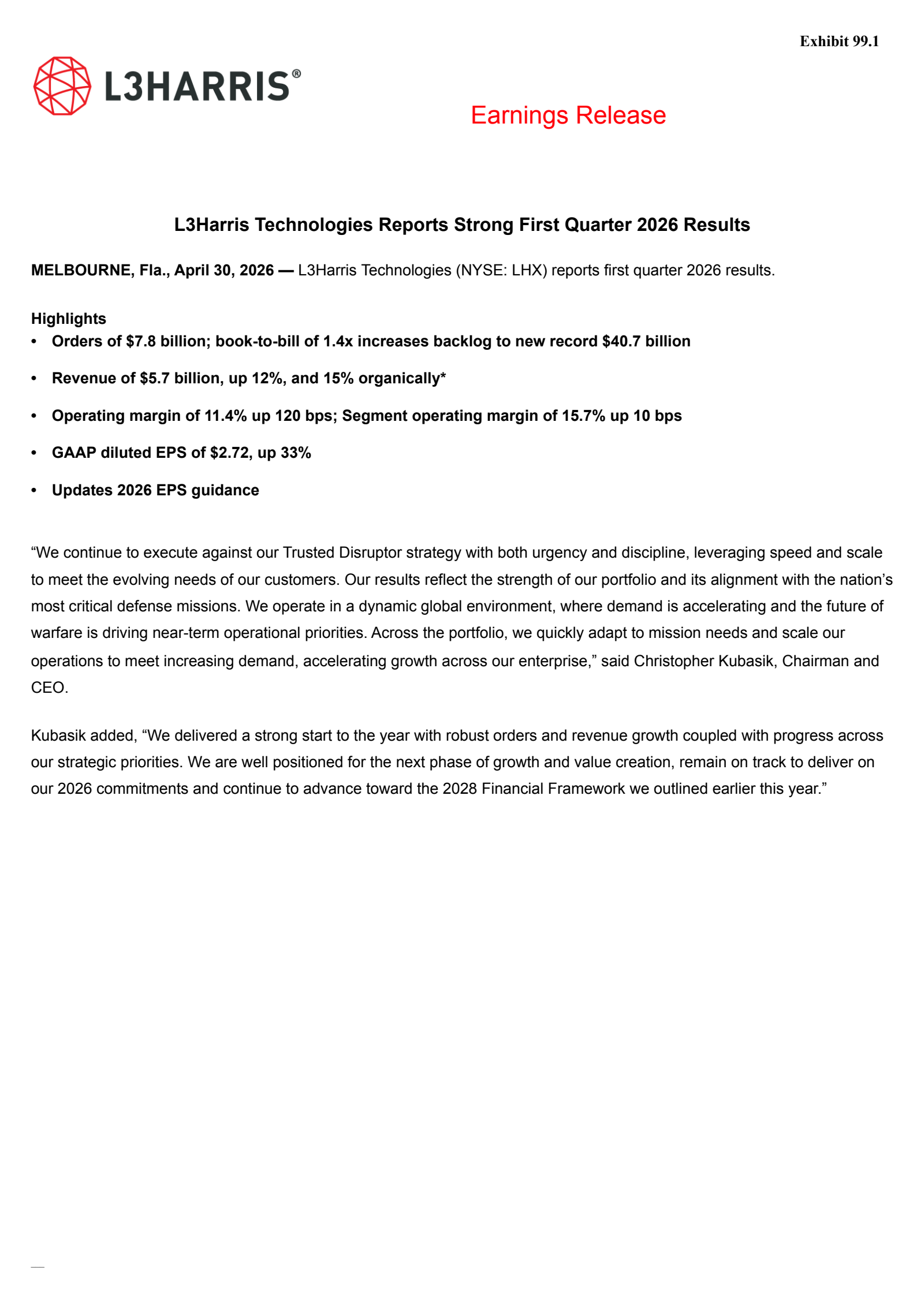 L3Harris Technologies' Q1 2026 Press Release