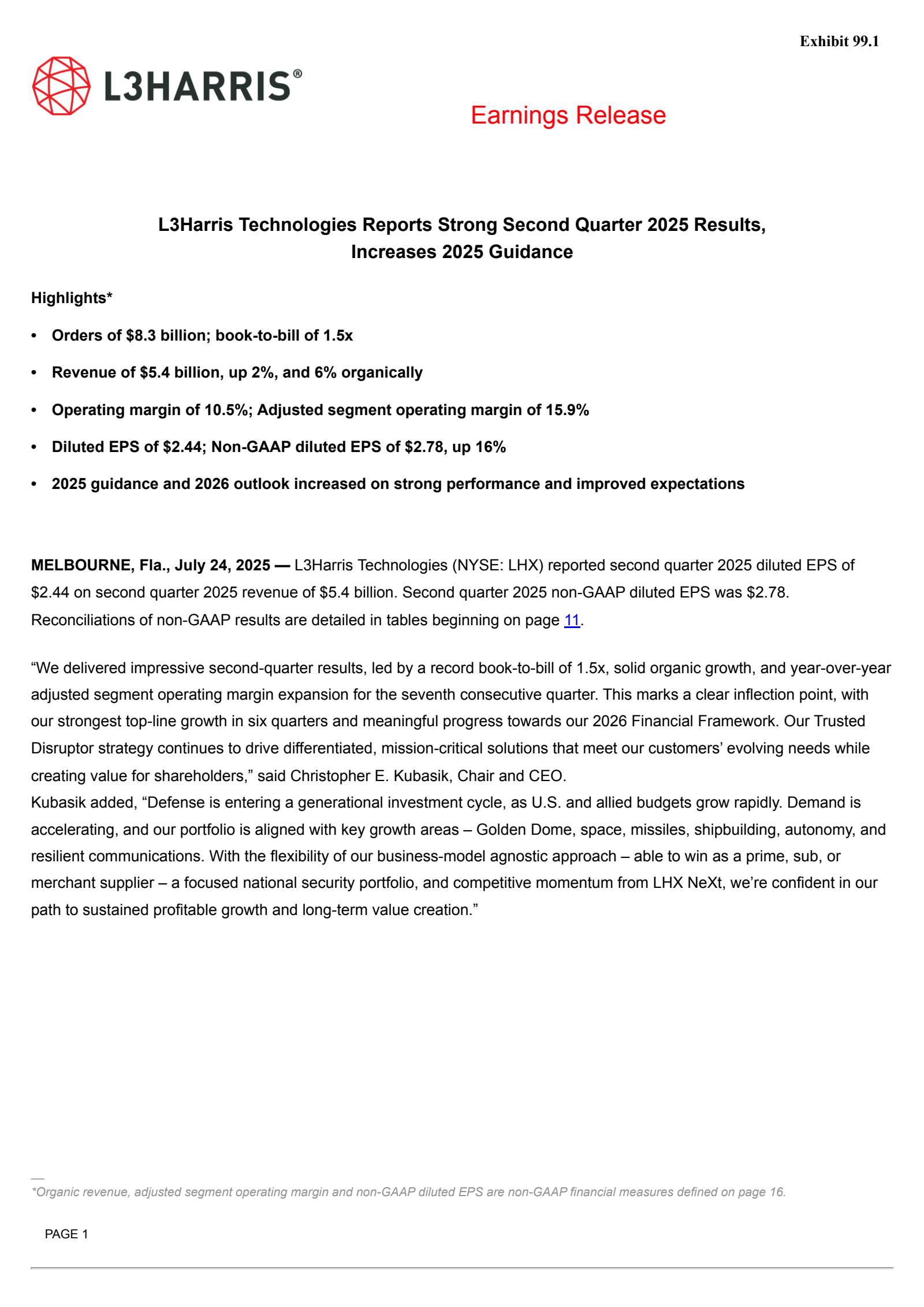 L3Harris Technologies' Q2 2025 Press Release