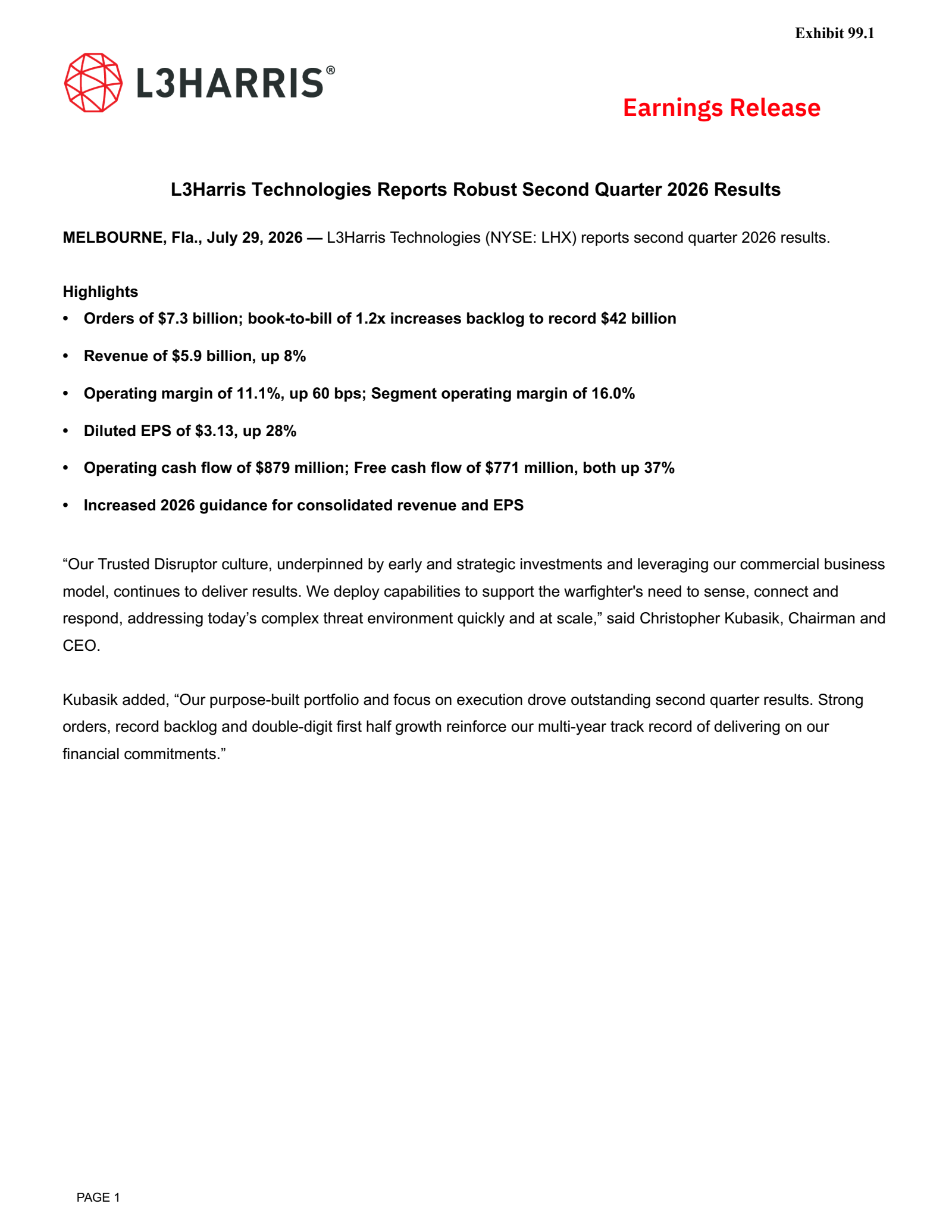 L3Harris Technologies' Q2 2026 Press Release
