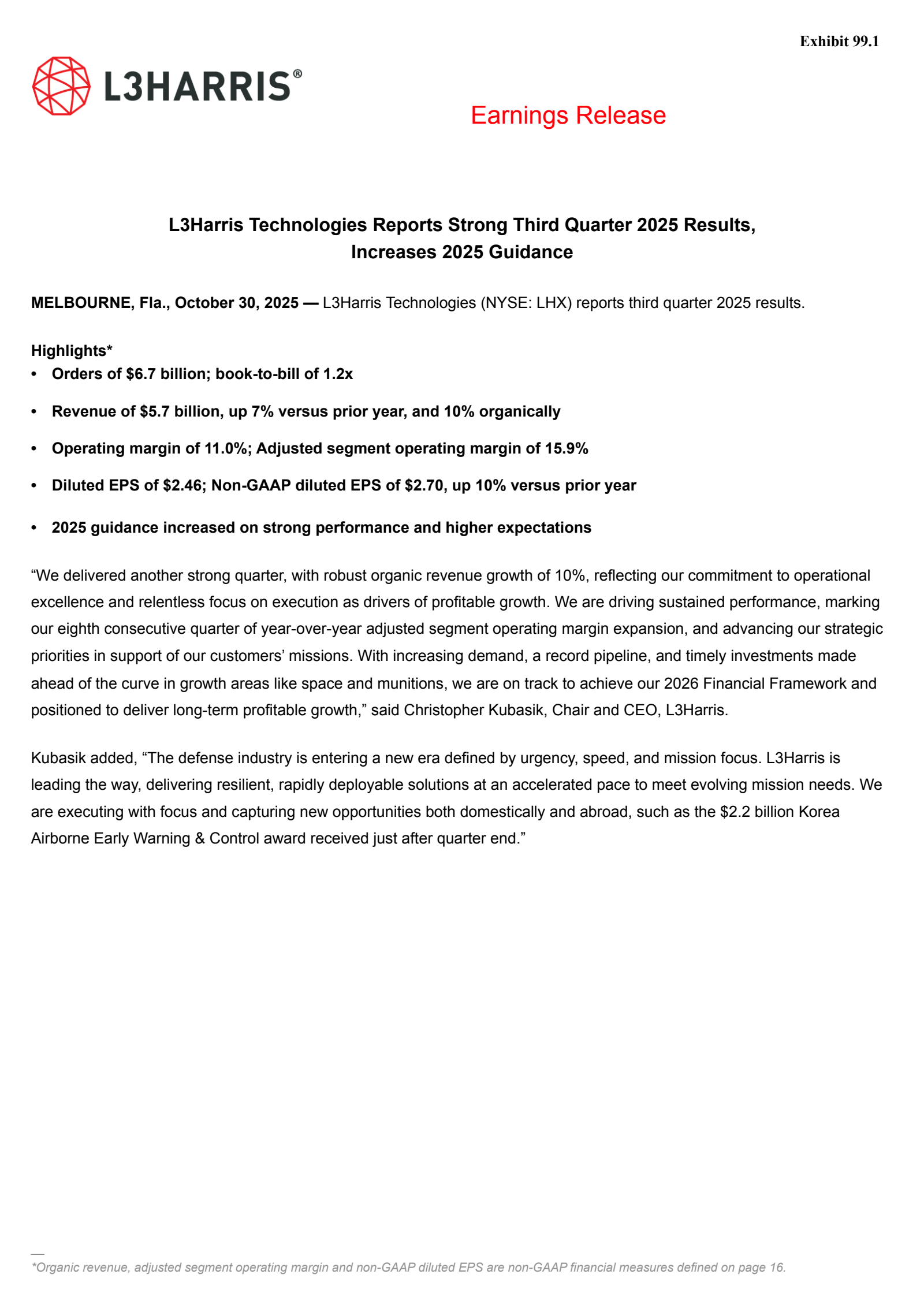 L3Harris Technologies' Q3 2025 Earnings Release