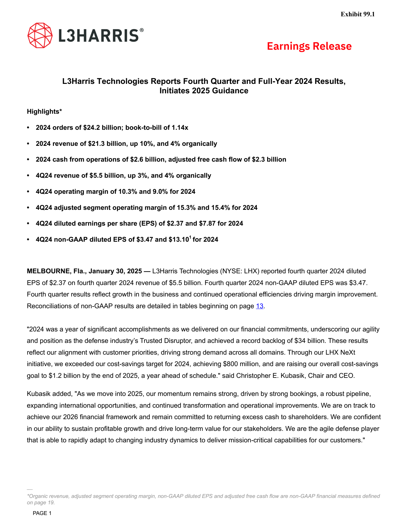 L3Harris Technologies' Q4 2024 Press Release