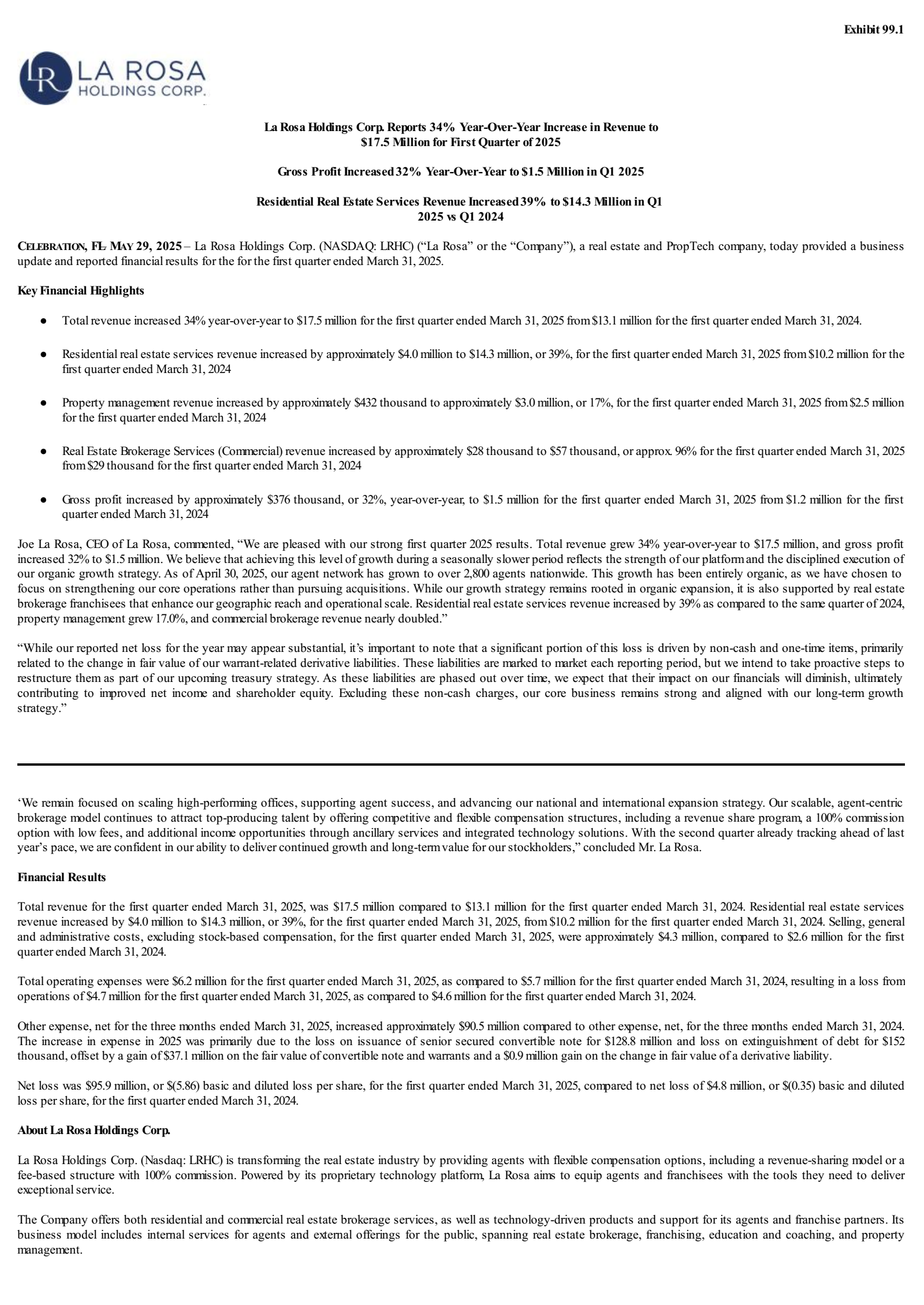 La Rosa's Q1 2025 Press Release