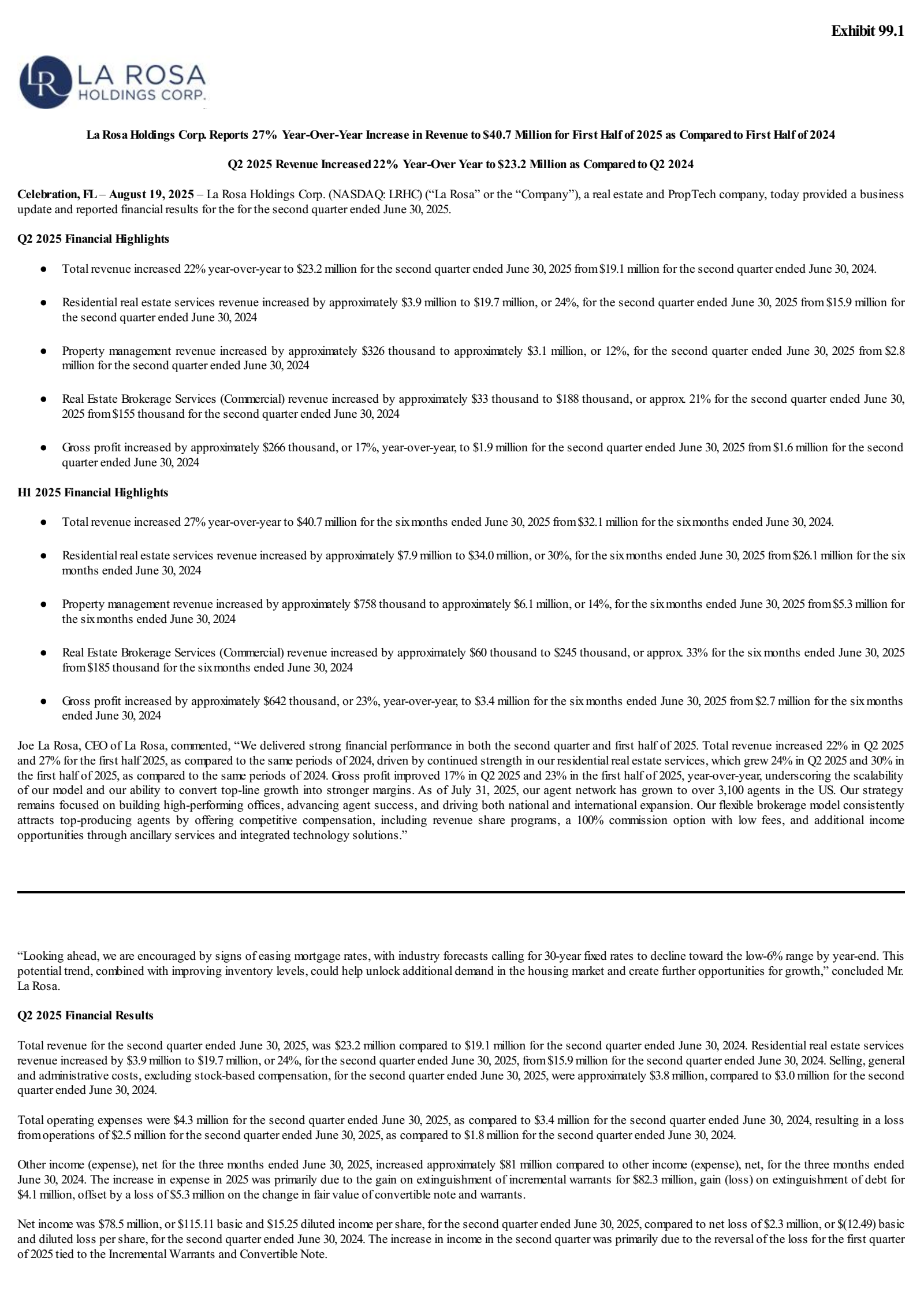 La Rosa's Q2 2025 Press Release