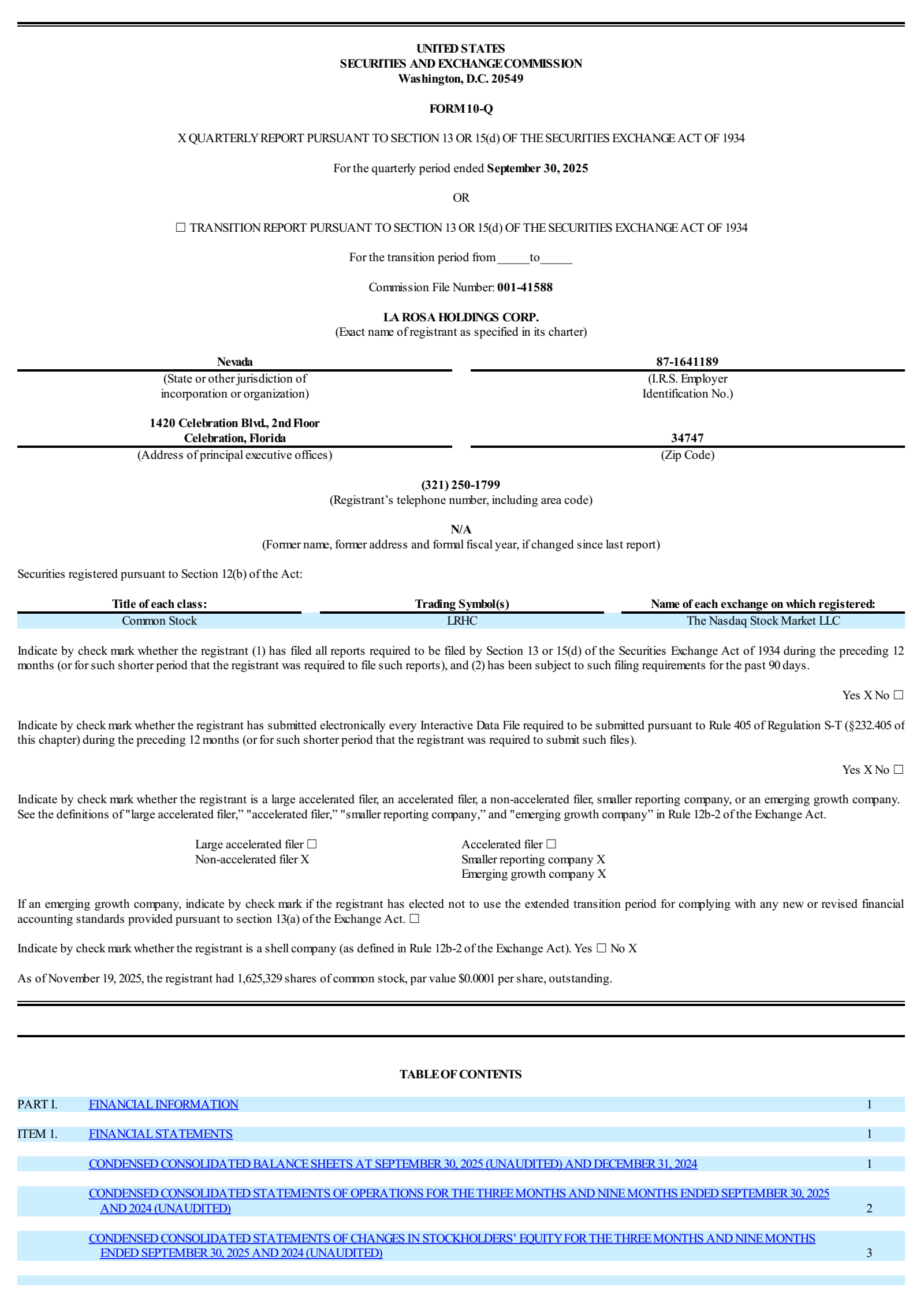 La Rosa's Q3 2025 Quarterly report