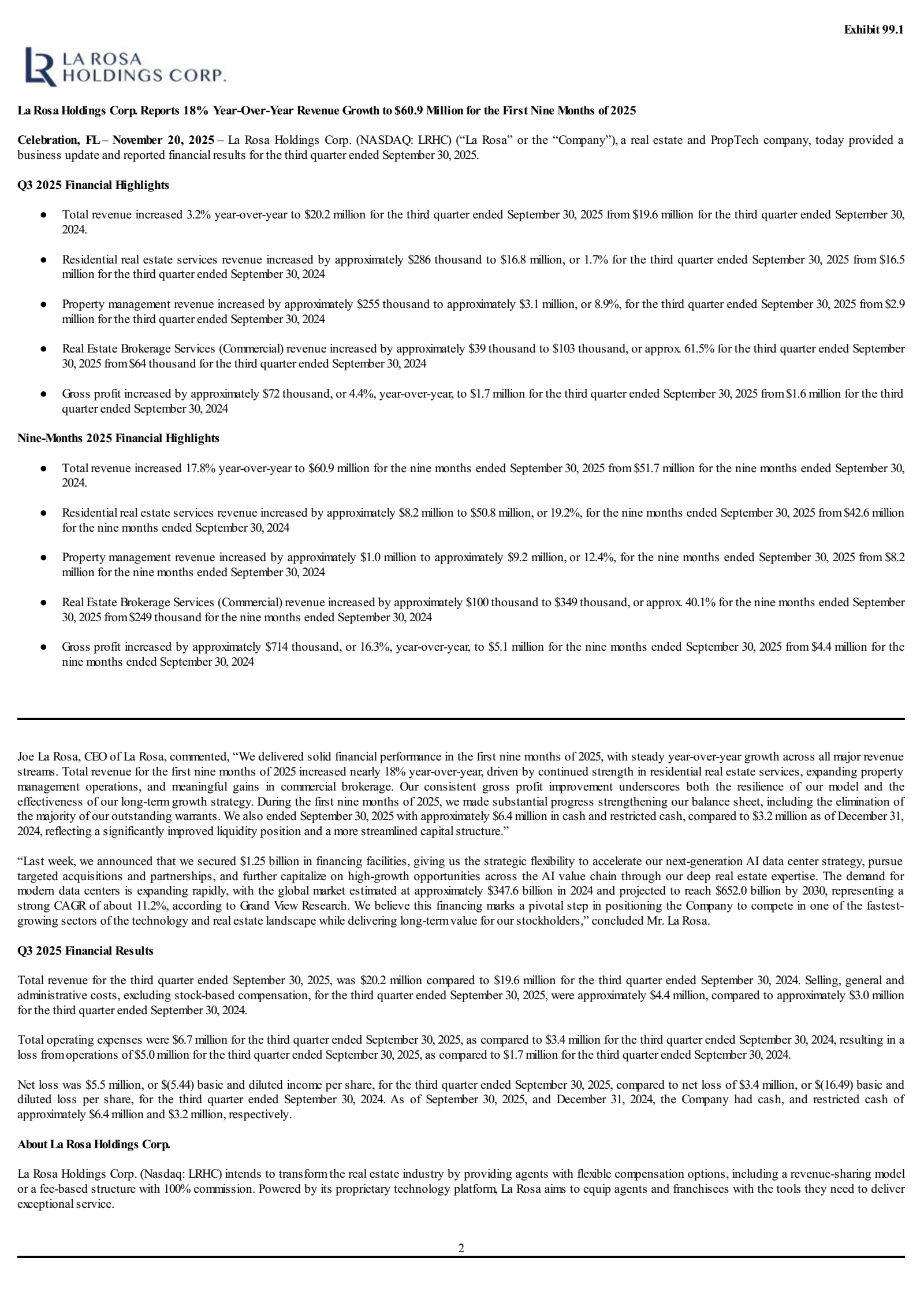 La Rosa's Q3 2025 Press Release