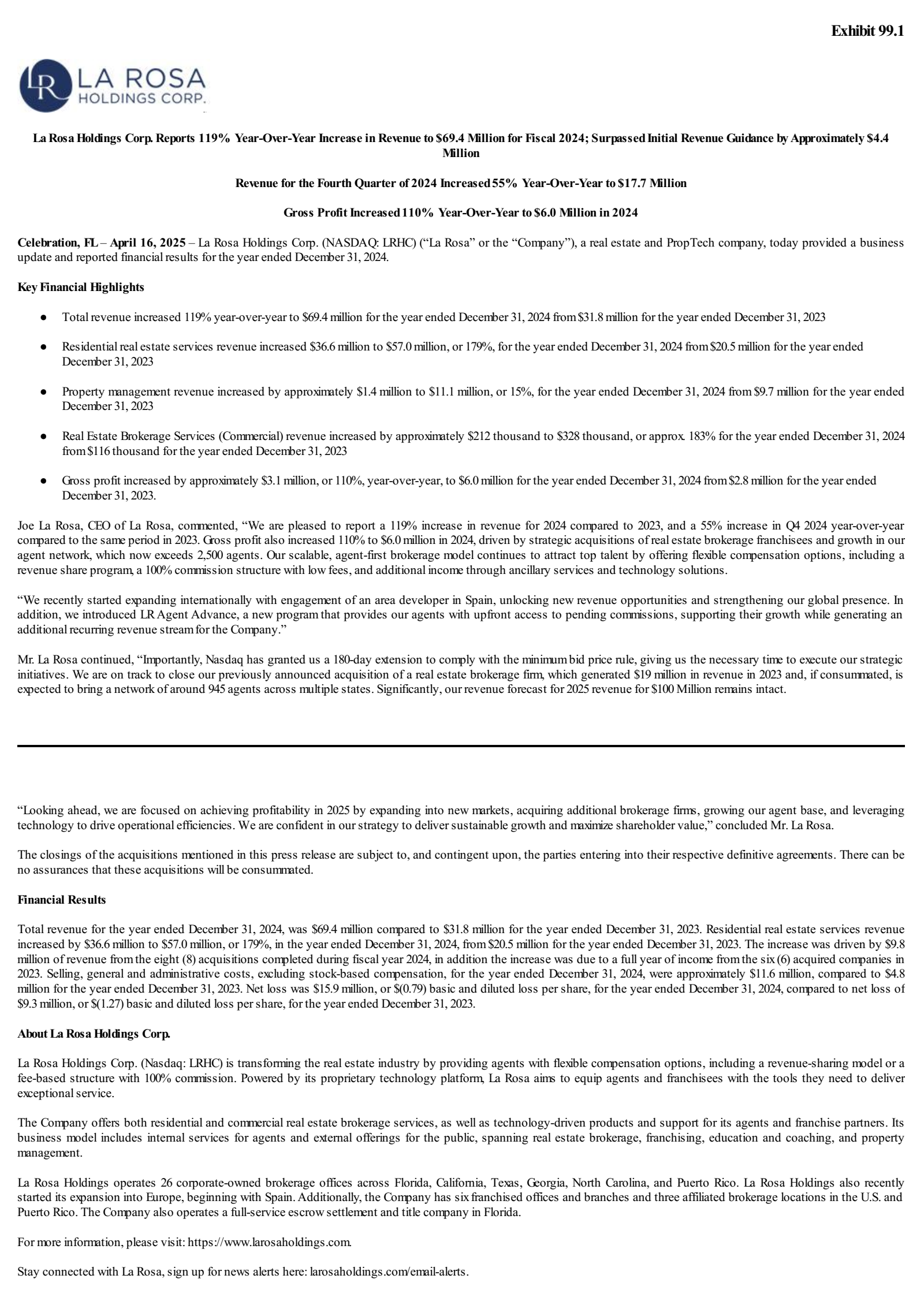 La Rosa's Q4 2024 Press Release
